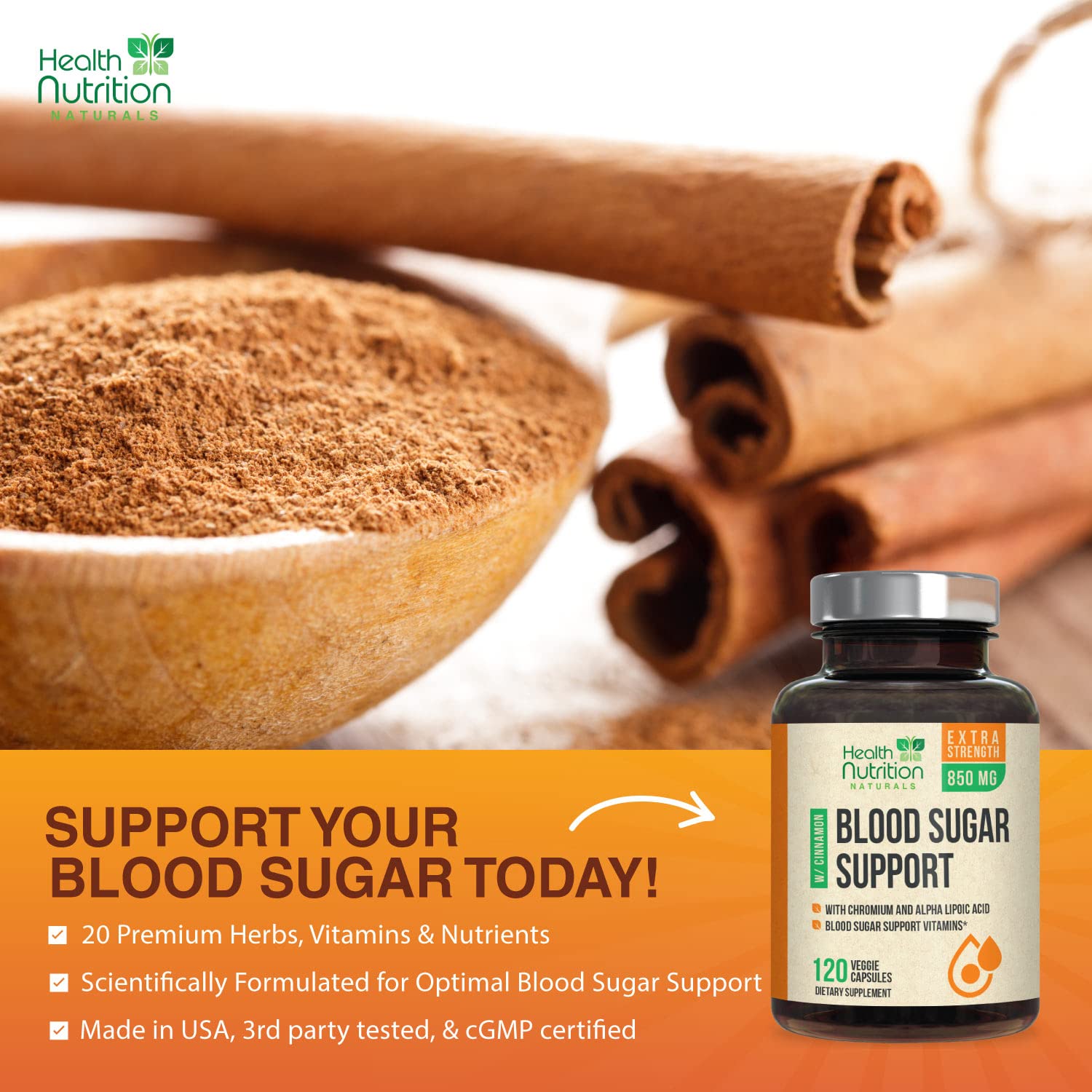 Blood Sugar Support Supplement Extra Strength 850mg 20 Herbs & Vitamin Blend with Cinnamon