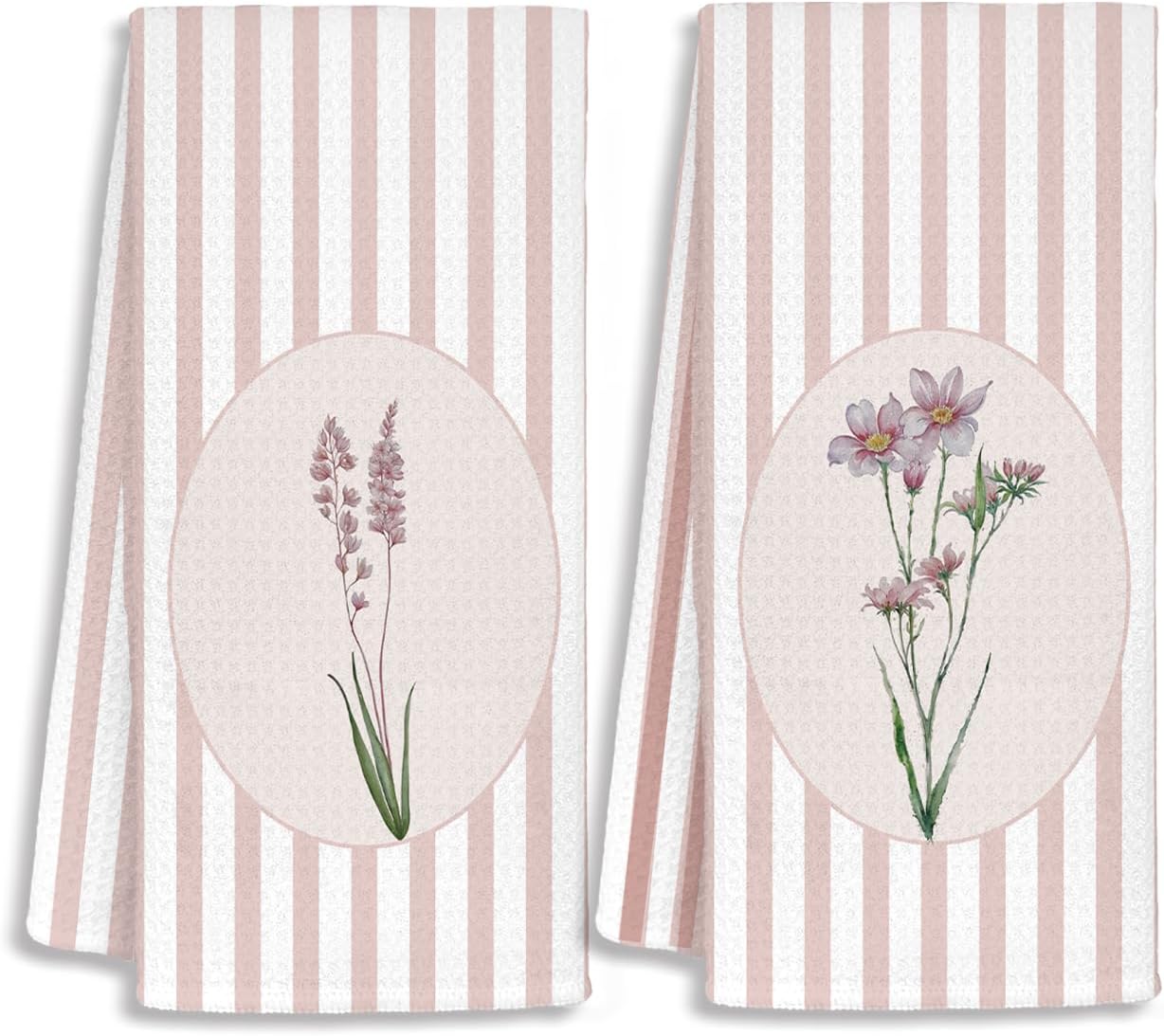 ピンクストライプフローラルハンドタオル、プレッピーワイルドフラワーボタニカルフラワー装飾ハンドタオル、バスルームトイレ装飾用、コケッ