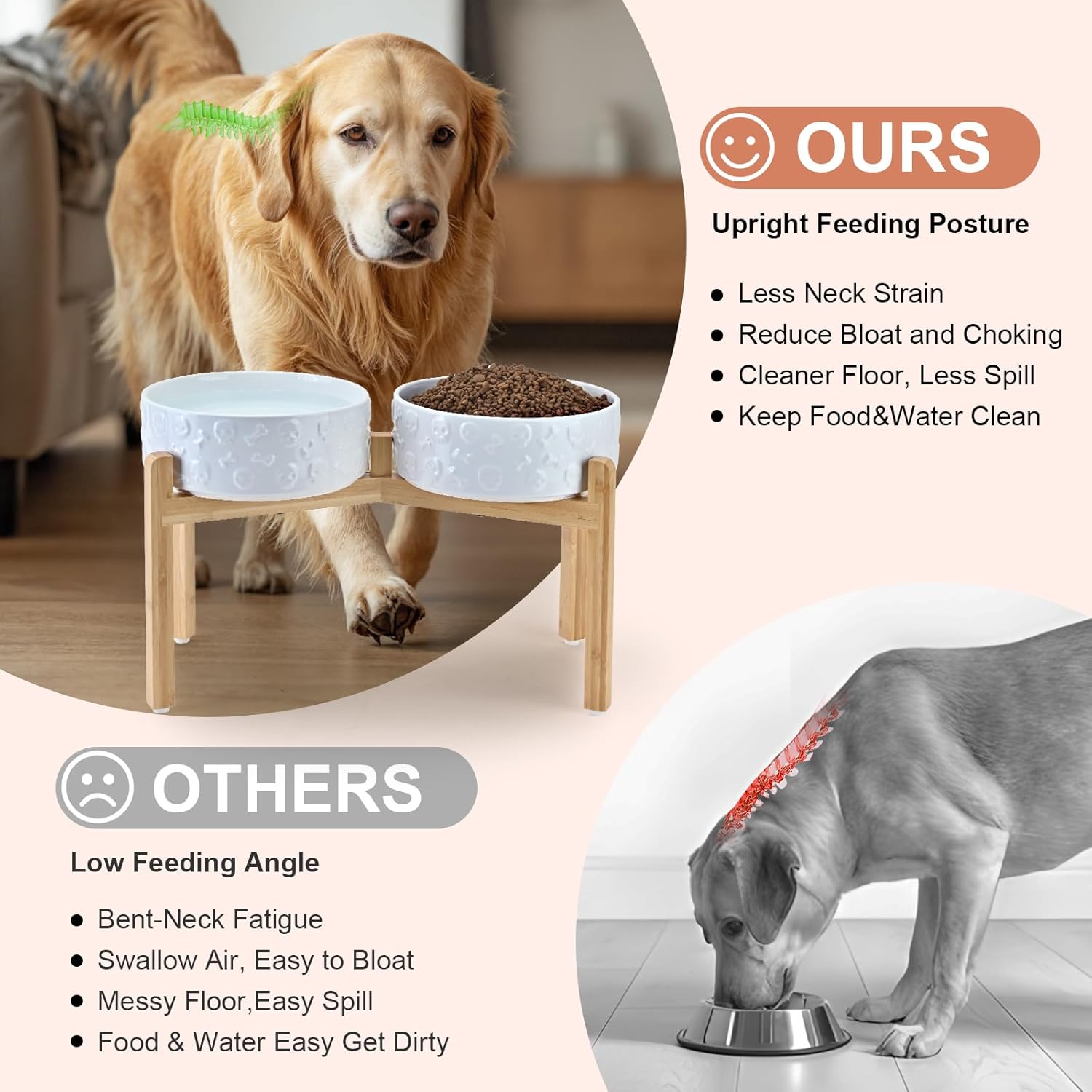 SPUNKYJUNKY Elevated Dog Bowls Ceramic, 8.3'' Dogs Food Water Bowls Raised with Non-Slip Bamboo Stand for Large Sized Breed Microwave Dishwasher Safe - 60 OZ,Skull White