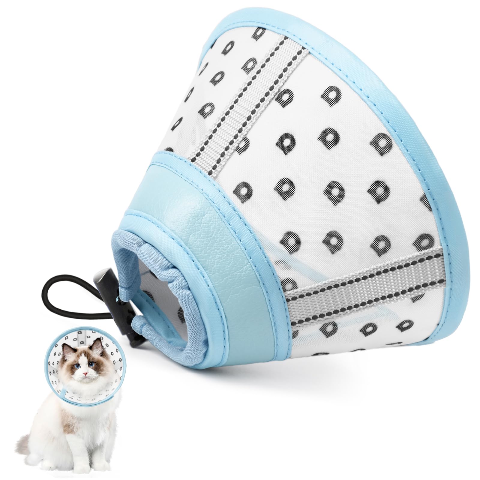 Collerette Chat Anti Léchage et Anti Grattage, Souple en Tissu Respirant, Ajustable, M, Maille Bleu