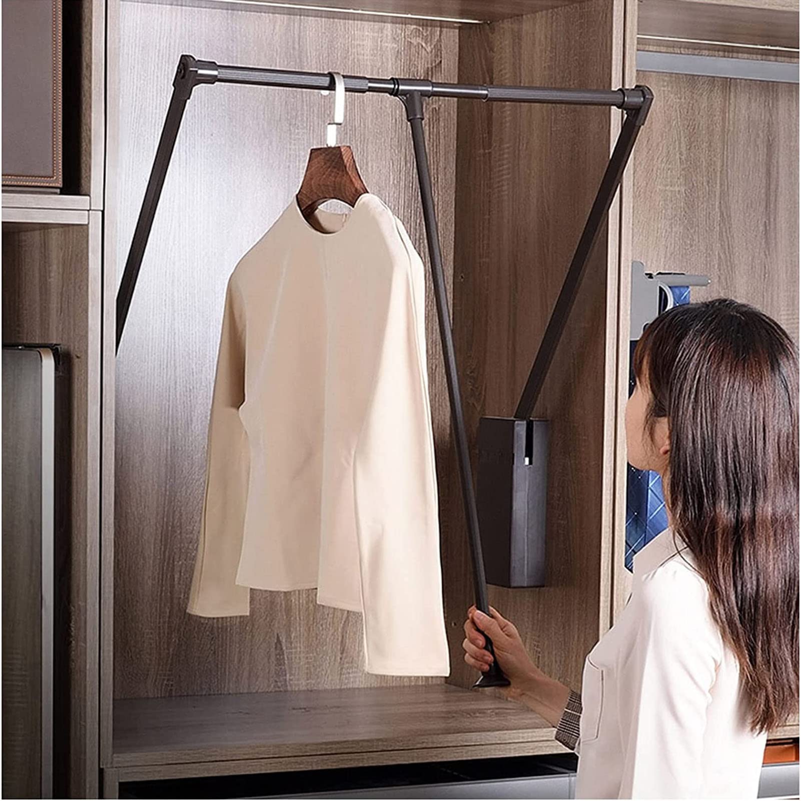 AYCDL Pull Down Closet Rod,Pull Down Closet Rod System for Hanging Clothes - Soft-Close Adjustable Wardrobe Lift with Multi-Position Tensioners & Retractable Cabinet,66-89cm/26-35in