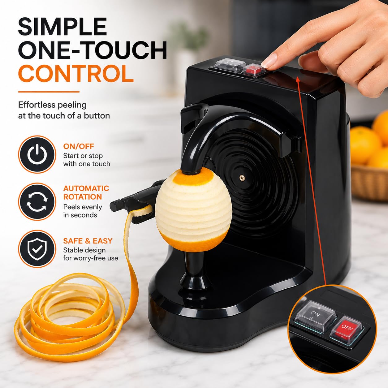 Pelador Eléctrico de Frutas y Verduras, Máquina Automática para Pelar Naranjas, Cítricos, Manzanas y Patatas, Cuchilla de Acero Inoxidable, Negro (Negro)