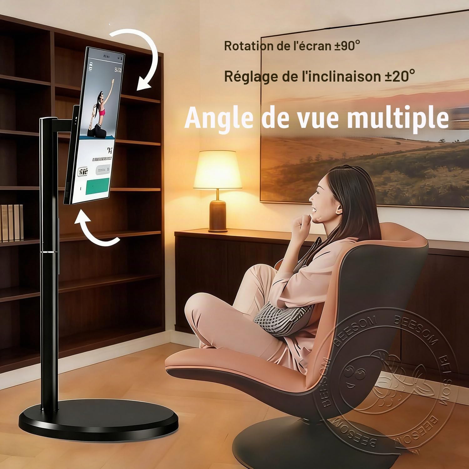 Télévision Portable,TV Portable sur Pied,21,5 Pouces écran Tactile 1080p,8go+128go Stockage,Rotation Complète,Fonction Tablette TV,roulettes Mobiles,Bureau Domicile, Séances Yoga 23in