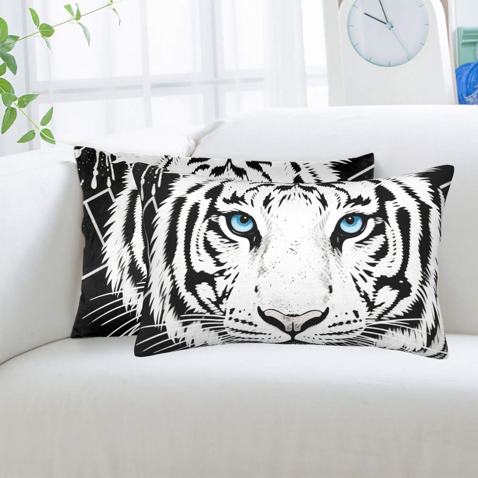 2 Pack Standard Pillowcases Sets, Ultra Soft Comfort Microfiber Plush Pillow Cases Black White Tiger Decorative Throw Pillow Cover with Hidden Zipper for Bedroom, Sofa, Couch,16"X24"