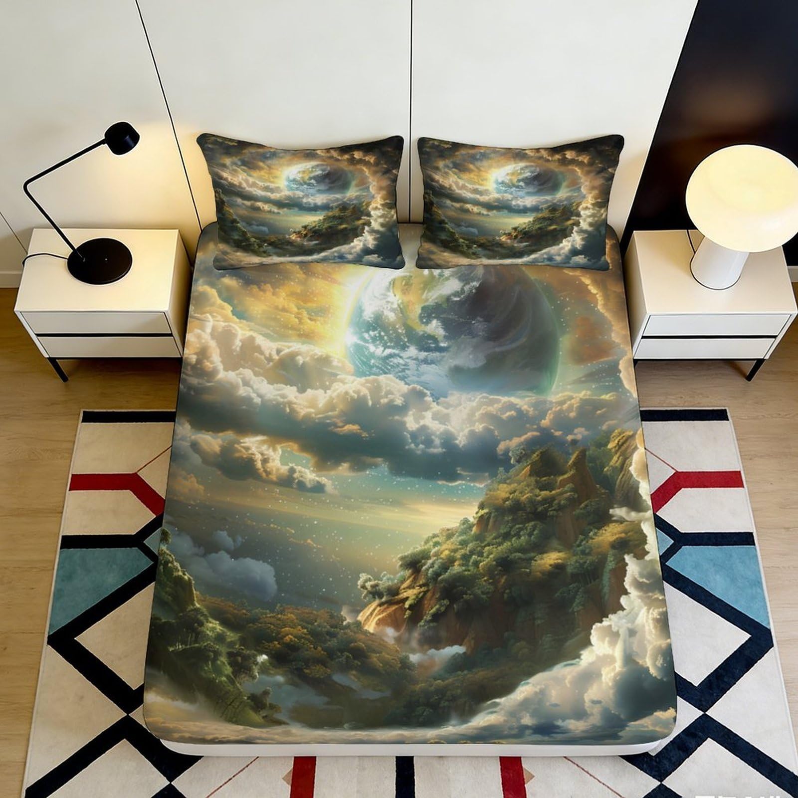 3D Printed Fantasy Cloud Landscape Fitted Sheet Microfiber Soft Breathable Cosmic Planet Mattress Cover for Bedroom Dorm Decor 90x200x25cm