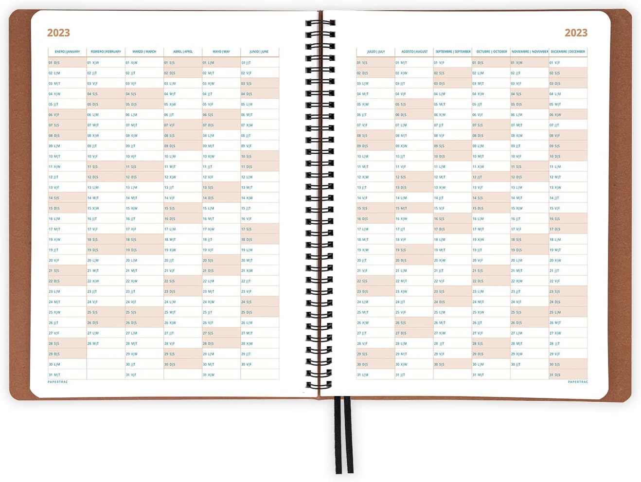 Agenda January 2023 December 2023 – Flex-o Leather – Week to Vertical – Size: 21 x 28 cm (B5) – Language: Spanish – English – Havana Daily Calendar