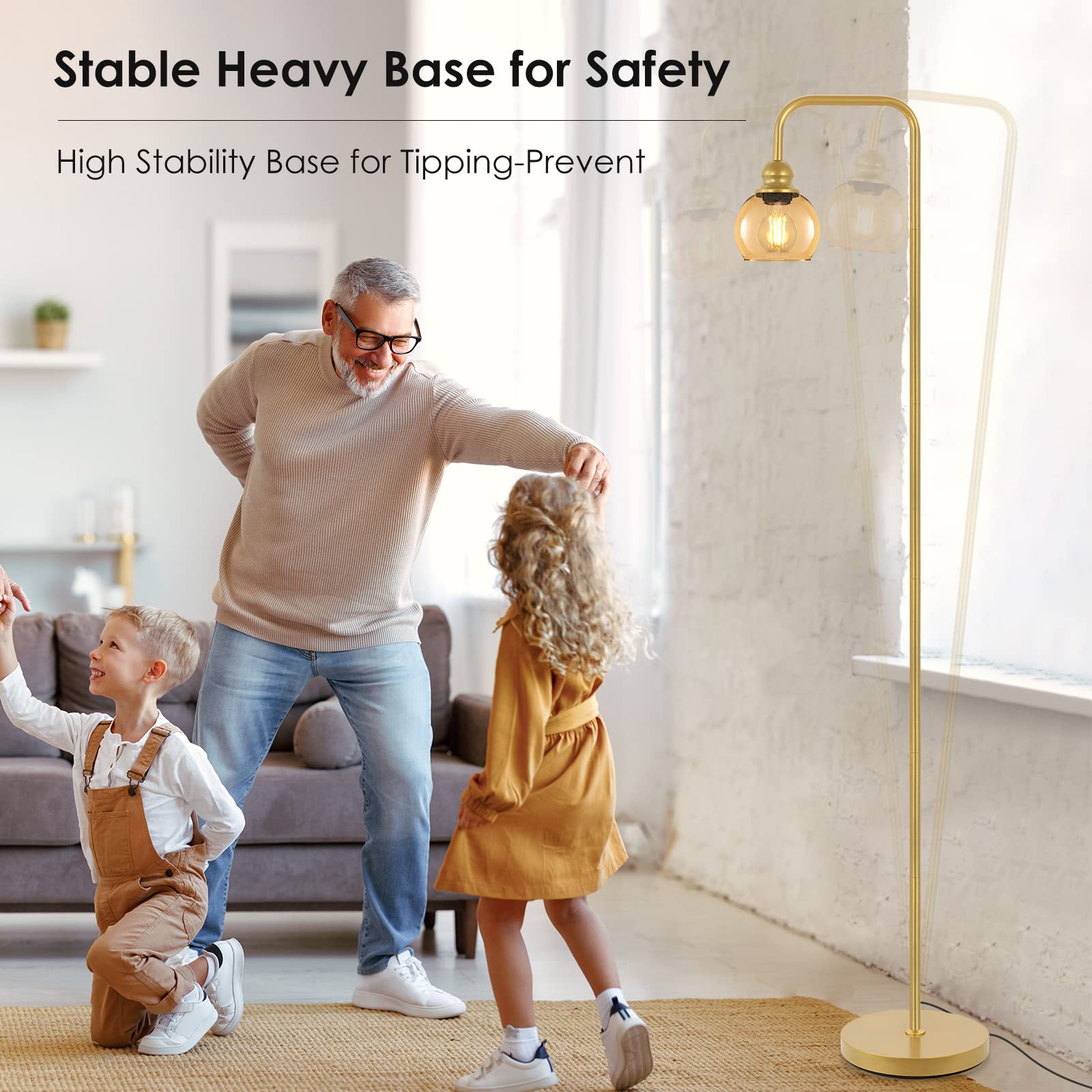 Lámpara de pie moderna para sala de estar con bombilla LED de 6 W, lámpara de pie industrial, vidrio ámbar, lámpara alta de lectura clásica para oficina en casa, lámpara de pie para estudio, 7
