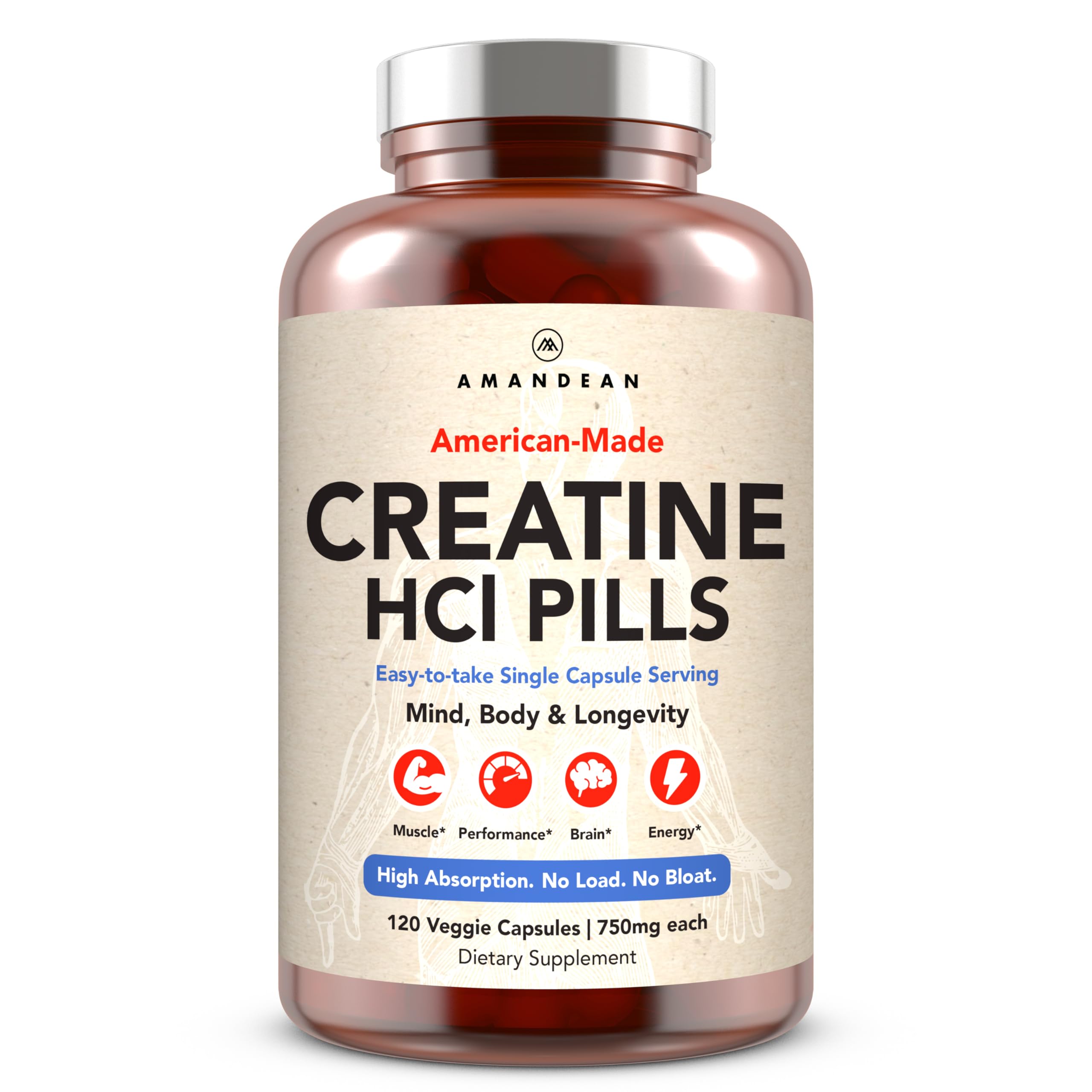 Píldoras de clorhidrato de creatina AMANDEAN. CON-CRET, de fabricación estadounidense. 120 cápsulas. 7 veces más concentrado que el monohidrato en polvo. Sin hinchazón. Apoyo muscular, energético, cognitivo y de recuperación para hombres y mujeres. Sin gluten ni OMG.