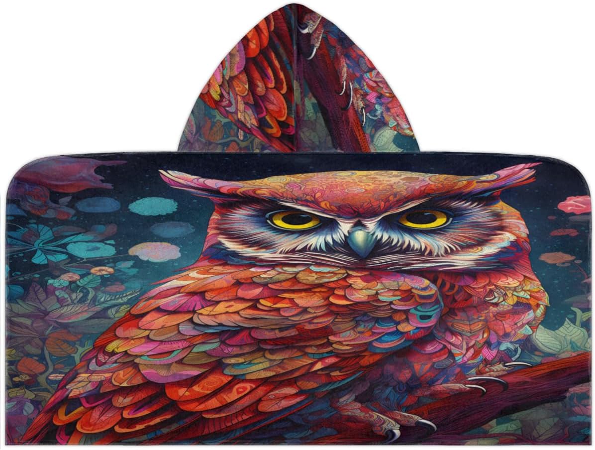 Pardick Kids Bath Towel Ethnic Owl Beach Towel with Hood Pool Cover Up for Girls Boys Soft Absorbent Hooded Bath Towel Toddler Towels for Beach, Pool