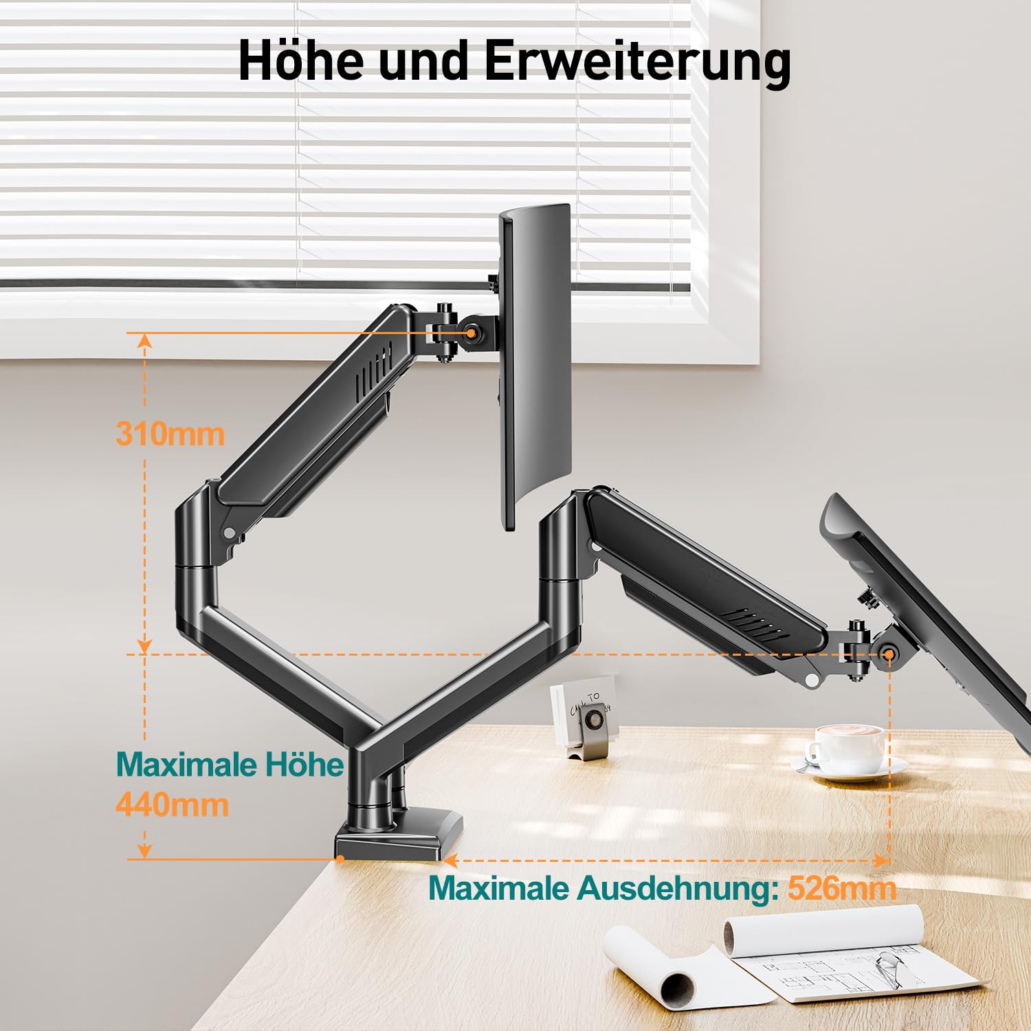 ELIVED Monitor Halterung 2 Monitore für 13-32 Zoll Bildschirme 10kg/Arm | Gasdruckfeder 2 Monitorhalterung schwenkbar 180°, Drehbar 360°, Höhenverstellbar Monitor Arm EV005