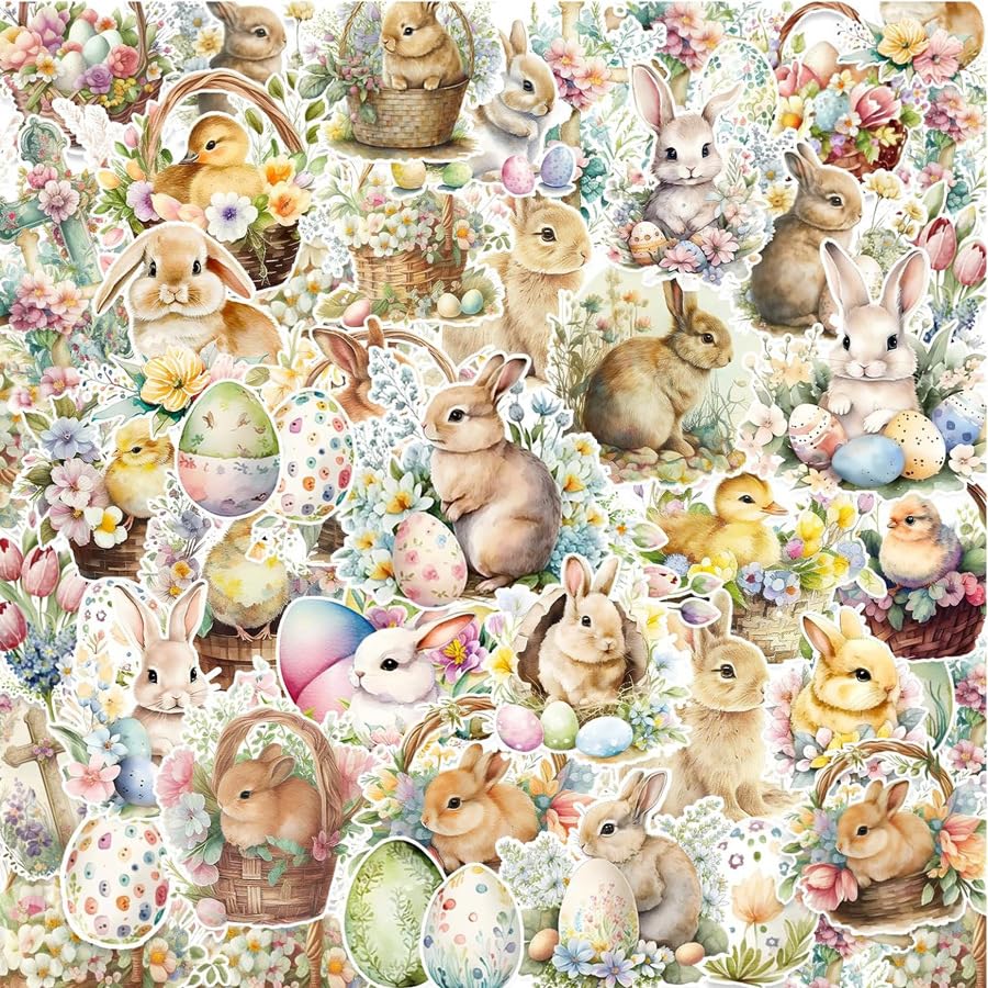 THXFUNAREA 50 Stück Osteraufkleber Hasen & Ostereier bunte Sticker Ostern für Kinder Frühlings Sticker zum Basteln Deko Aufkleber für Karten Scrapbook und Geschenkverpackung