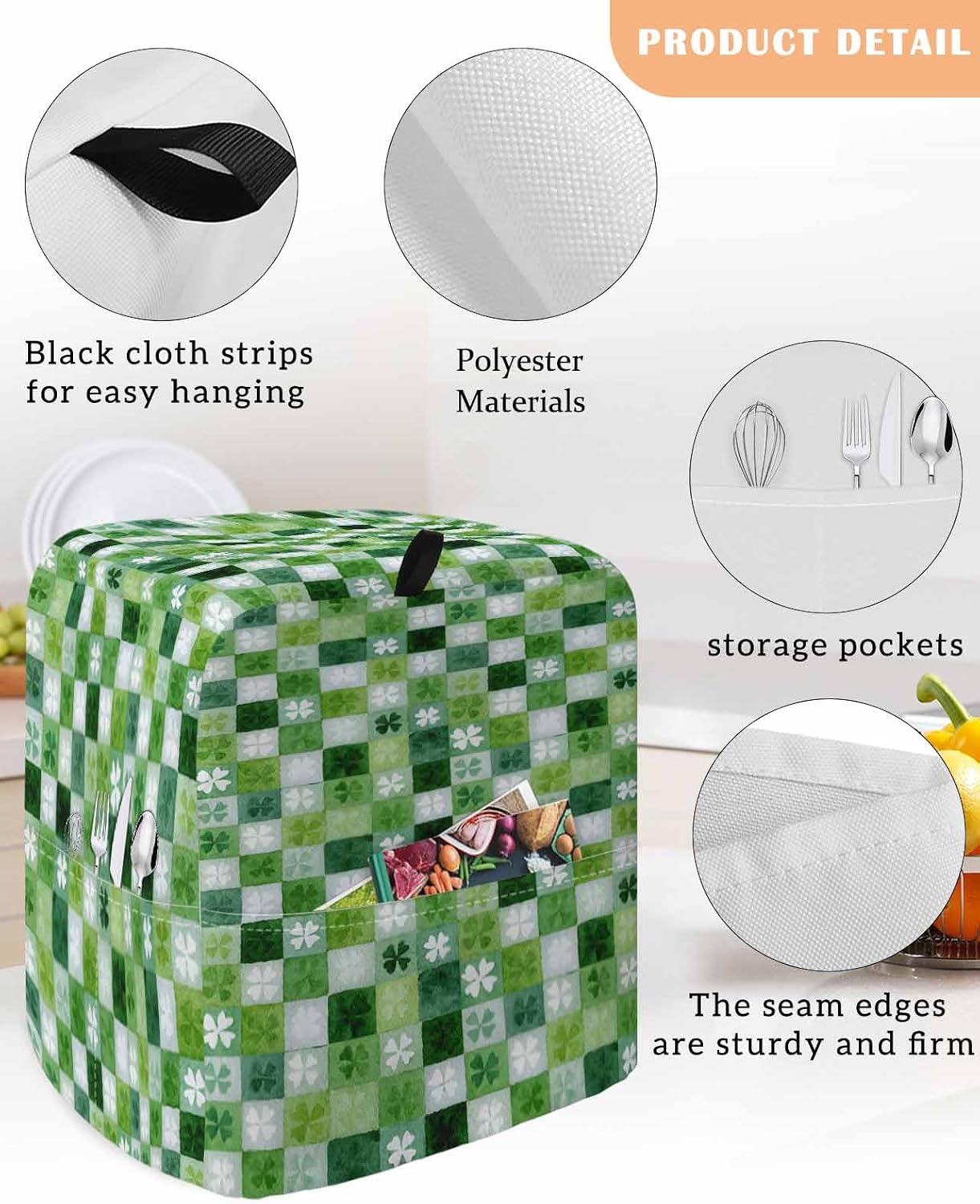 St. Patrick's Day Stand Mixer Cover with Storage Pocket, Waterproof Kitchen Mixer Covers, Watercolor Green White Shamrocks Spring Leaf Kitchen Appliance Dust Cover Compatible with 5-8 Quart Mixers