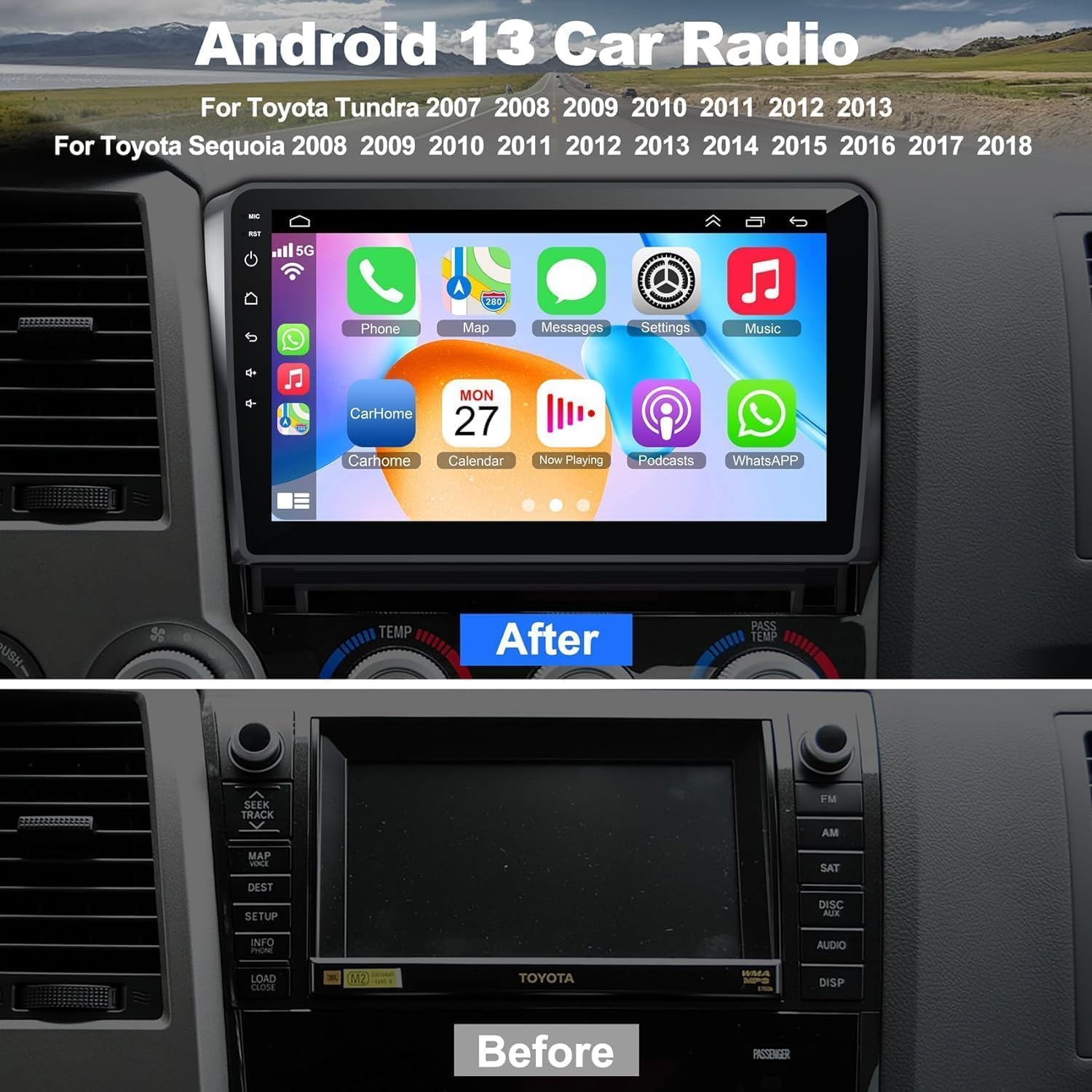 Upgrade Car Radio for Toyota Tundra 2007-2013 Sequoia 2008-2012,10.1" IPS Touch Screen 4+64GB Tundra Stereo with Wireless CarPlay & Android Auto GPS WiFi Voice Control Bluetooth 5.2 Mirror Link SWC FM