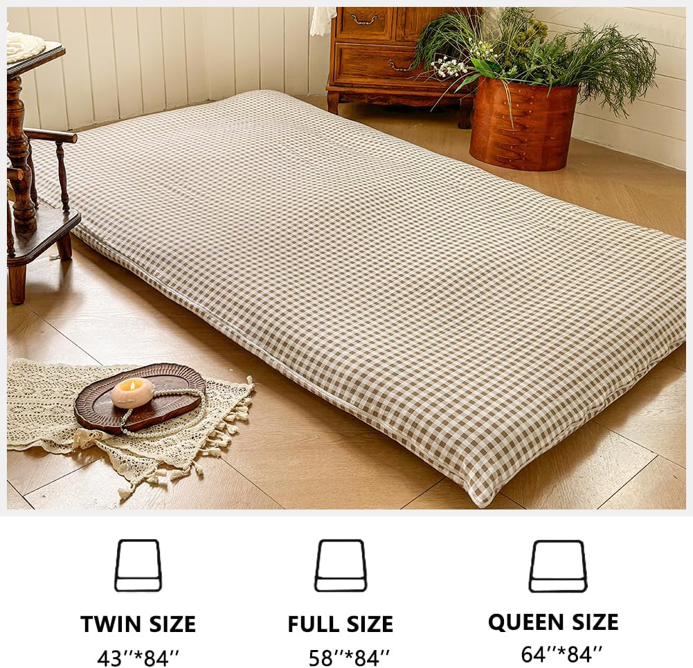 Tan Gingham Japanese Floor Mattress Futon Cover Queen for 3-4" Thick Pad, Checked Plaid Japanese Tatami Mattress Cover,Grid Guest Sleeping Mat for Floor (Tan Gingham, Queen)