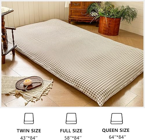 Miniatura 7 de Tan Gingham - Funda de colchón japonesa para futón individual para almohadilla de 3-4 pulgadas de grosor, funda de colchón de tatami japonés a