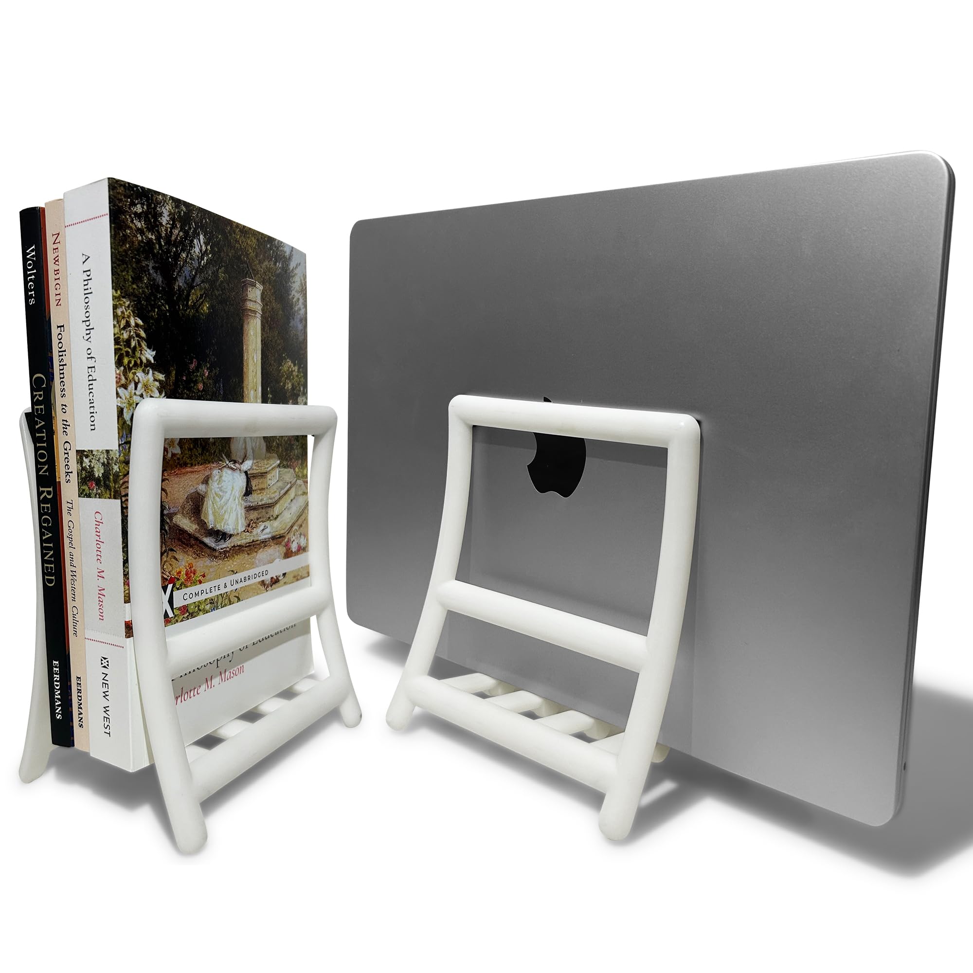 2 Modern Minimalist Bookends for Desk - Stylish Curved Design Serves as Desk, File Organizer, Mini Bookshelf, Vertical Laptop Holder Stand. Includes Anti-Scratch Foam Pads