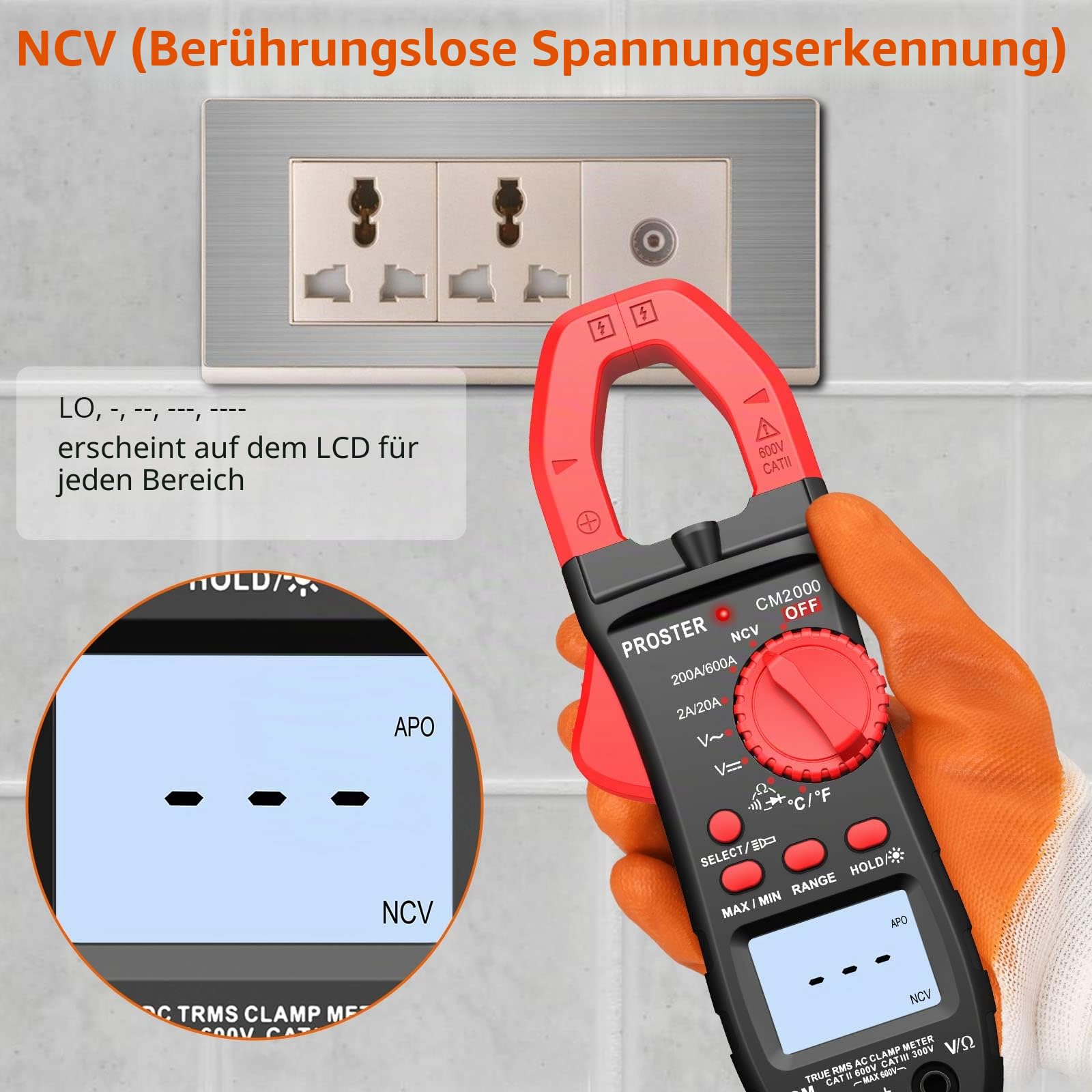 Proster Digitale Stromzange Auto Ranging DC/AC Strom Multimeter Strommessgerät mit LED Licht für Spannung Strom Widerstand Kapazität Frequenz Durchgang Temperatur (Rot)