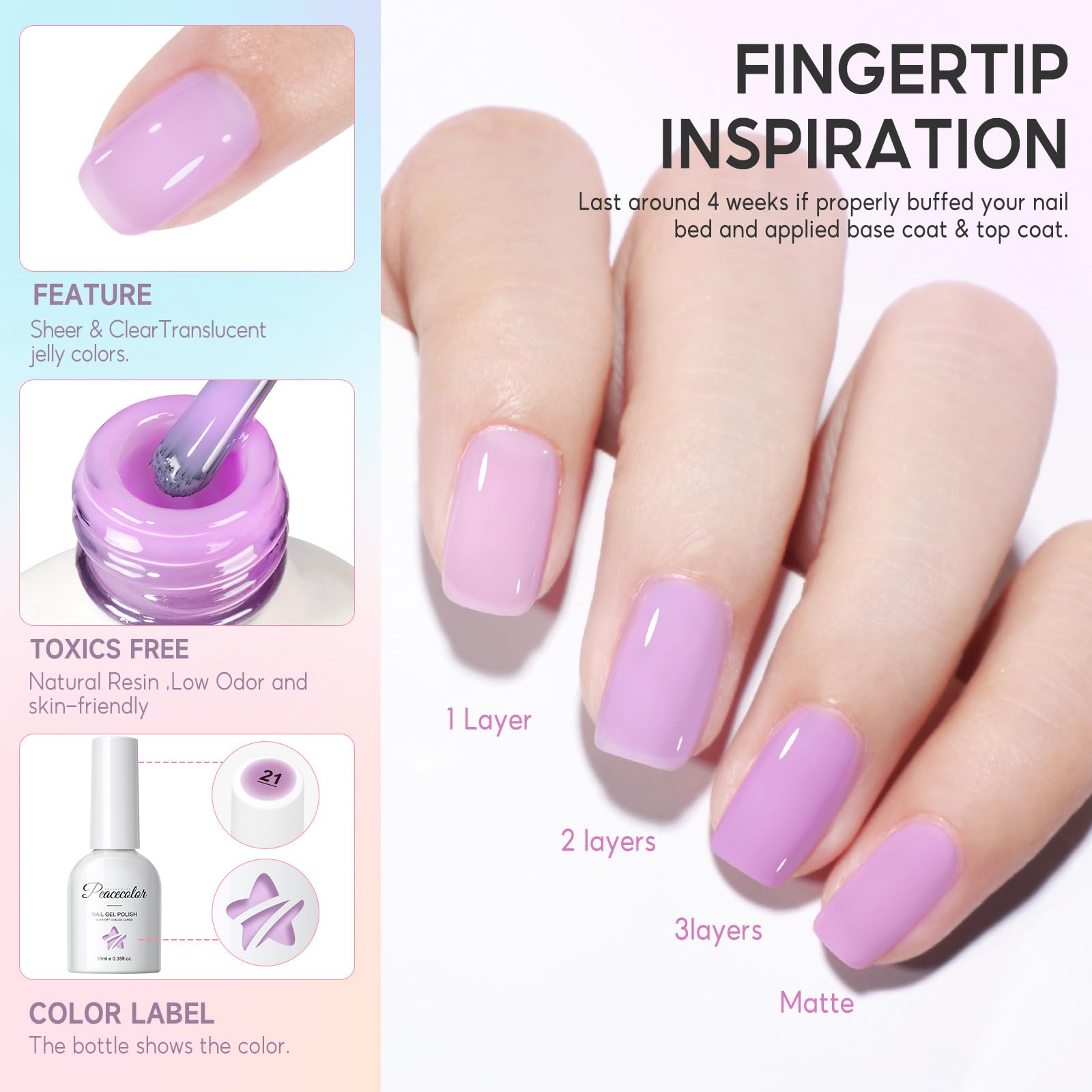 PEACECOLOR Lakier hybrydowy UV - 6 kolorów Jelly Gel Nail Polish Żółty Zielony Niebieski Różowy Fioletowy, Przezroczysty Lakier hybrydowy UV Stylizacja paznokci Manicure