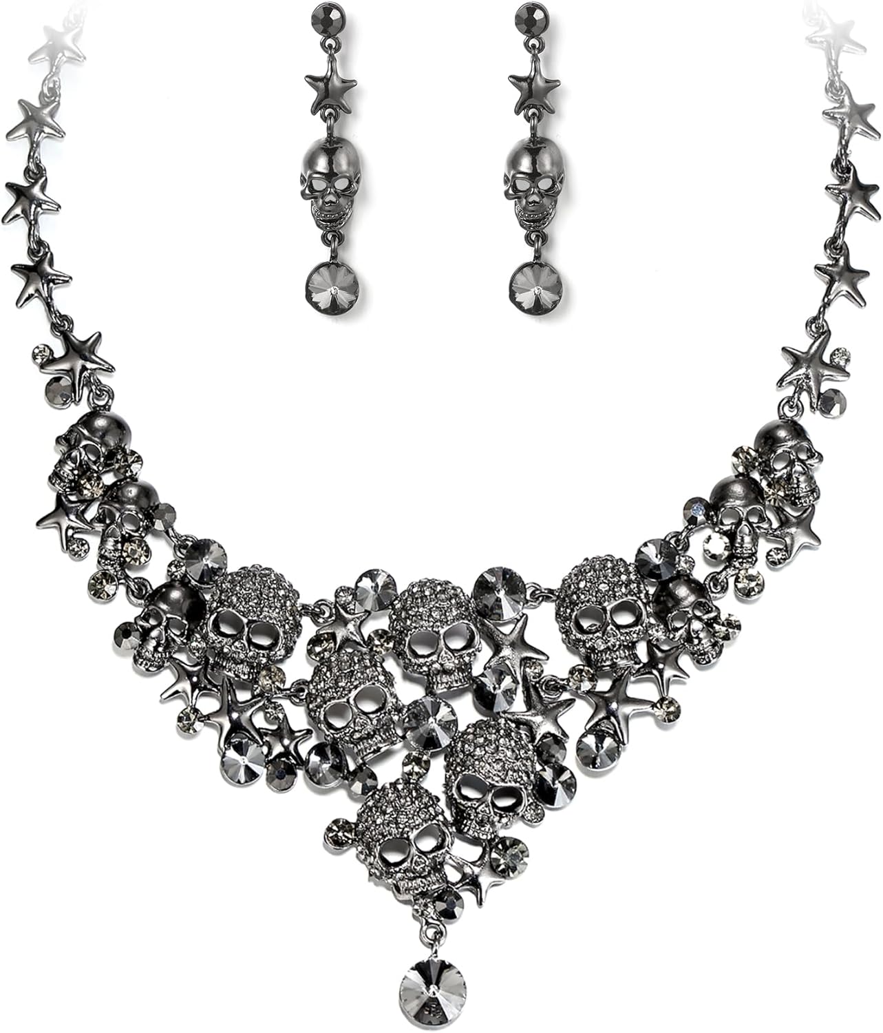 EVER FAITH Women's Crystal Gothic Skulls Stars Statement Necklace Earrings Set