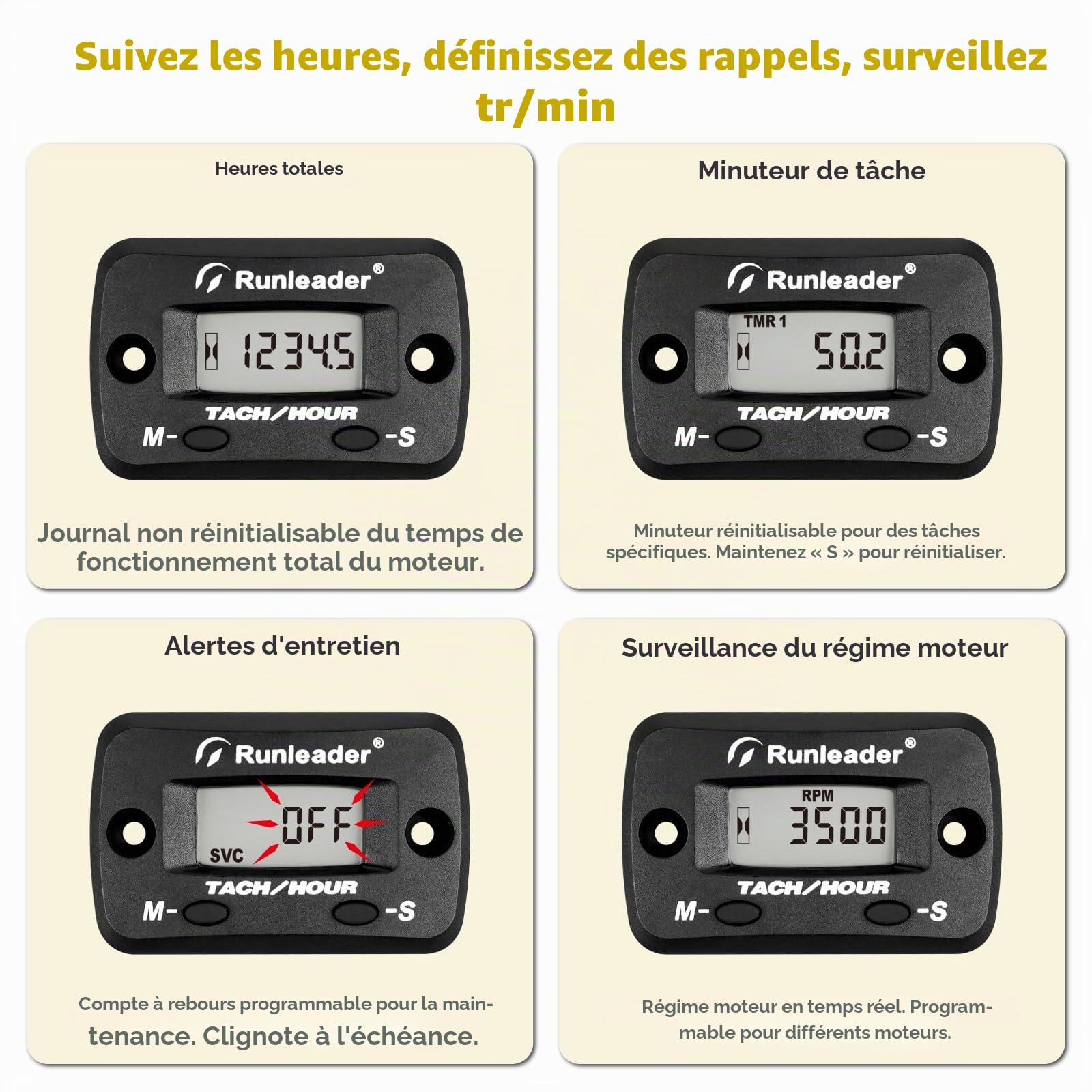 Tach/Compteur d'Heures Numérique Avec Rappel Maintenance – Étanche, Batterie Remplaçable, Programmable Pour Moto Cross Moteurs Essence Tondeuse Tronçonneuse Générateur Moto Compresseur d'Air