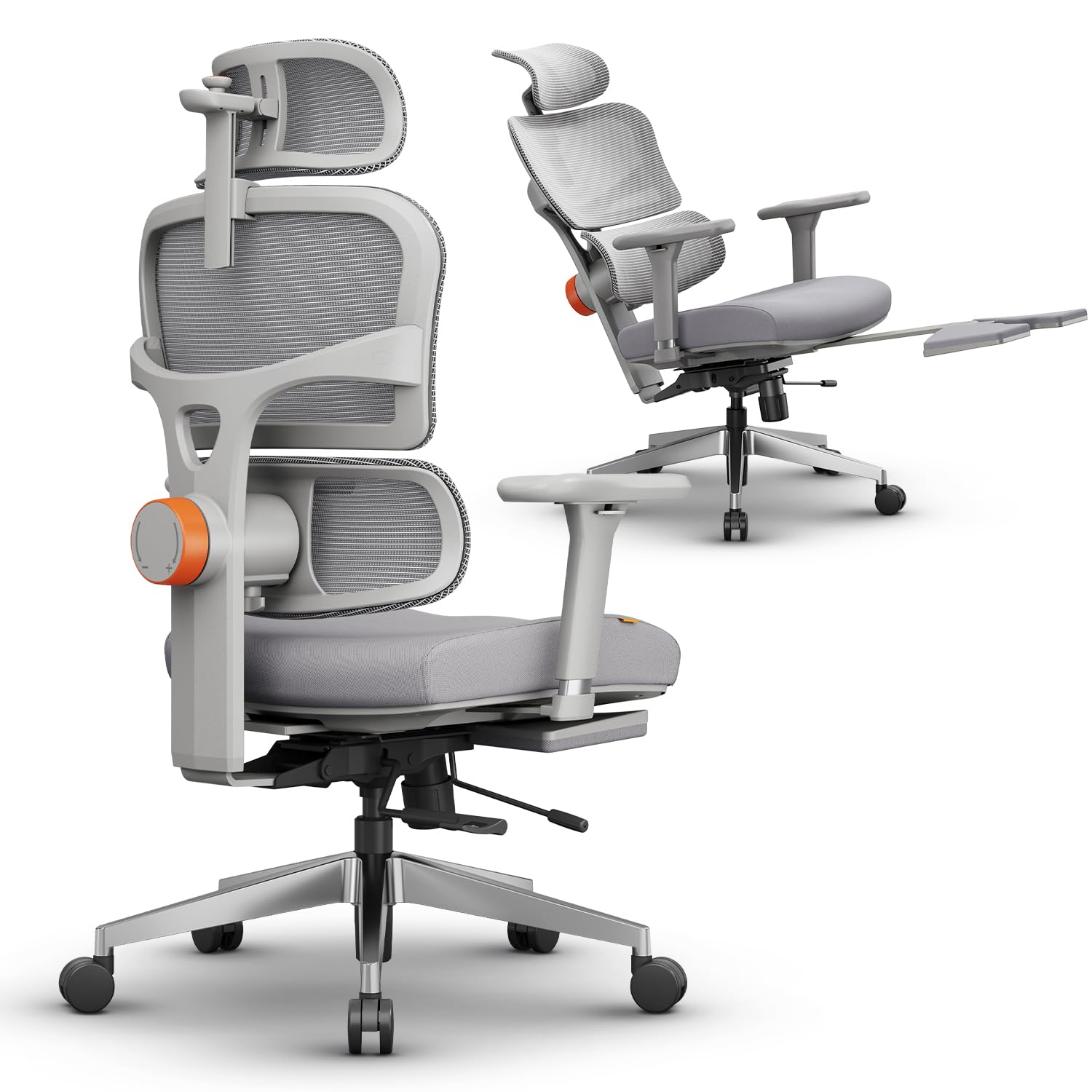 DROGO Premium Ergonomic Office Chair for Work from Home, Computer Chair with Adaptive Lumbar Support & Headrest, 4D Armrest, Footrest & Recline, Desk Mesh Chair for Office/Home (Grey)