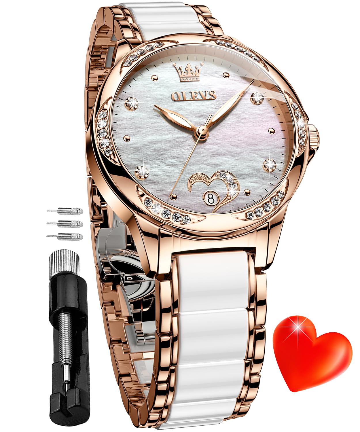OLEVS Orologio da donna automatico a carica automatica, in oro rosa con diamanti, orologio da polso in ceramica bianca per donne Love Heart Date, Quadrante bianco, orologio automatico