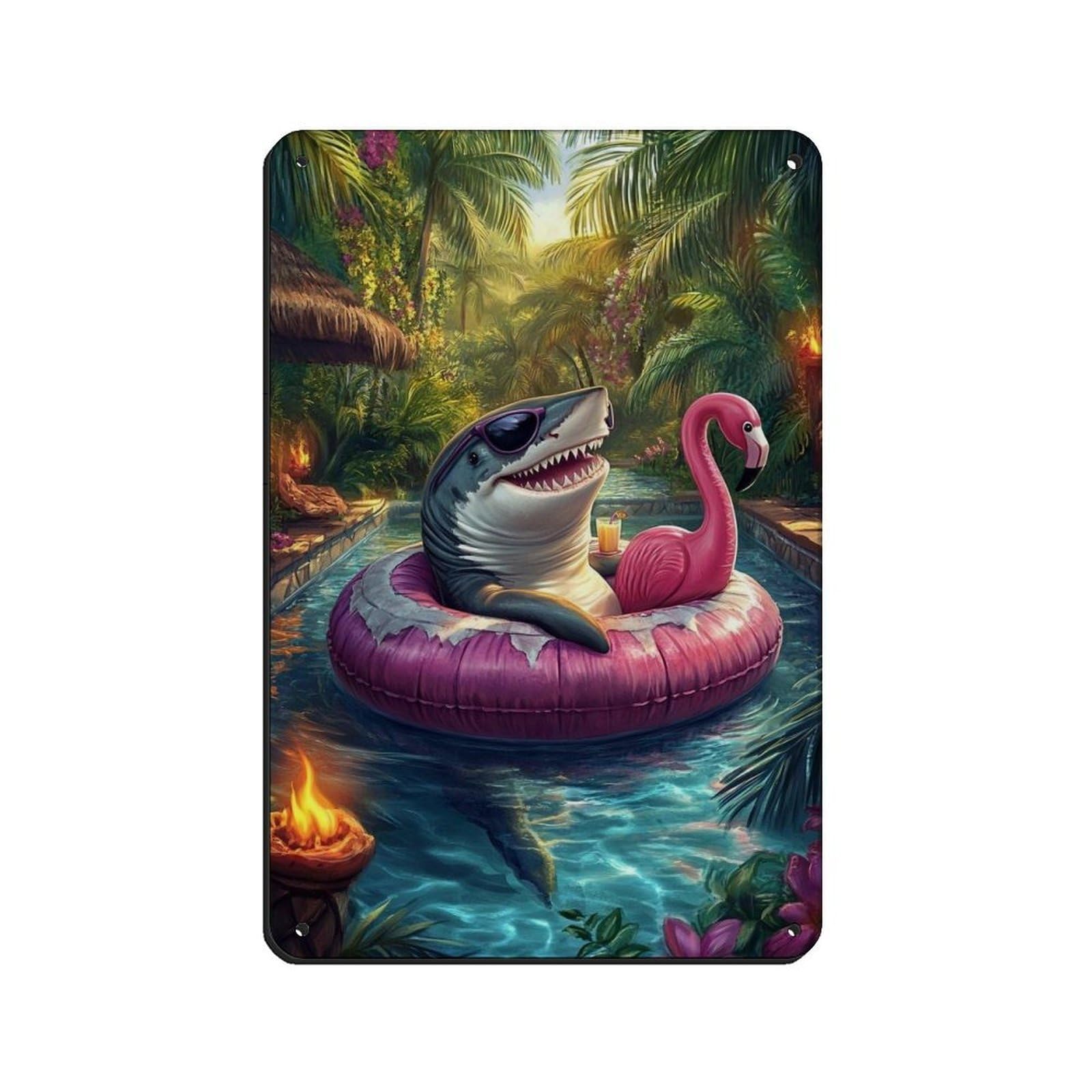 Shark on Flamingo Float Tropical Paradise Tin Sign Vintage Metal Pub Club Cafe Bar Home Wall Art Decoration Poster Retro 8x12inch(20x30cm)