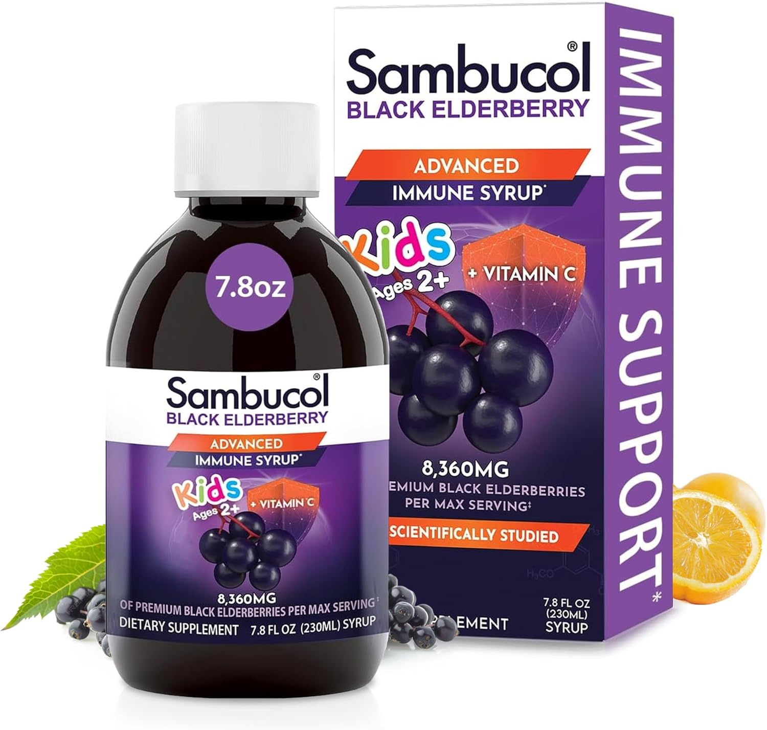 Sambucol Black Elderberry Syrup for Kids - Elderberry Liquid with Vitamin C for Kids, No Artificial Flavors, High Antioxidants, Daily Wellness Support, Berry Flavor - 7.8 Fl Oz