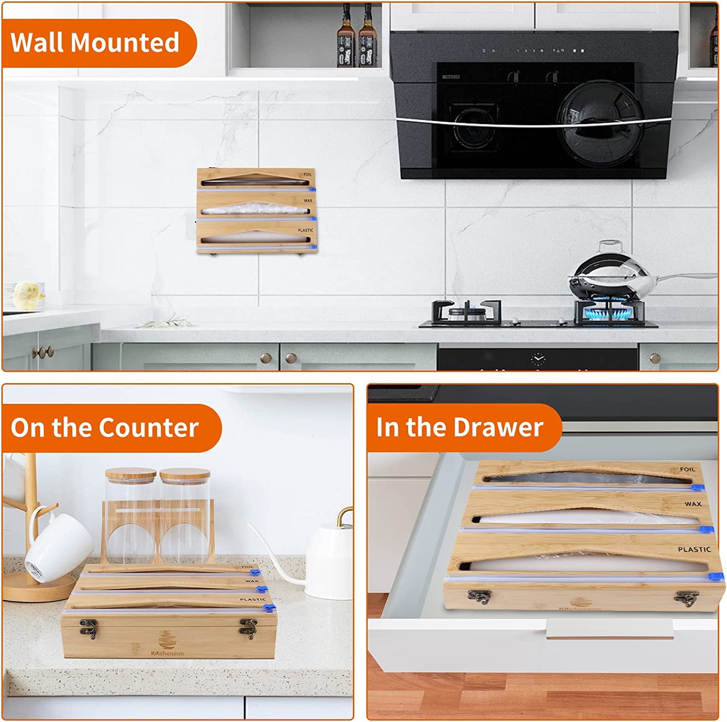 Bamboo Foil and Plastic Wrap Dispenser with Cutter – Organization and Storage Solutions – Kitchen Organizer with Three Slots – Cabinet Organizer With a Convenient Space-Saving Design