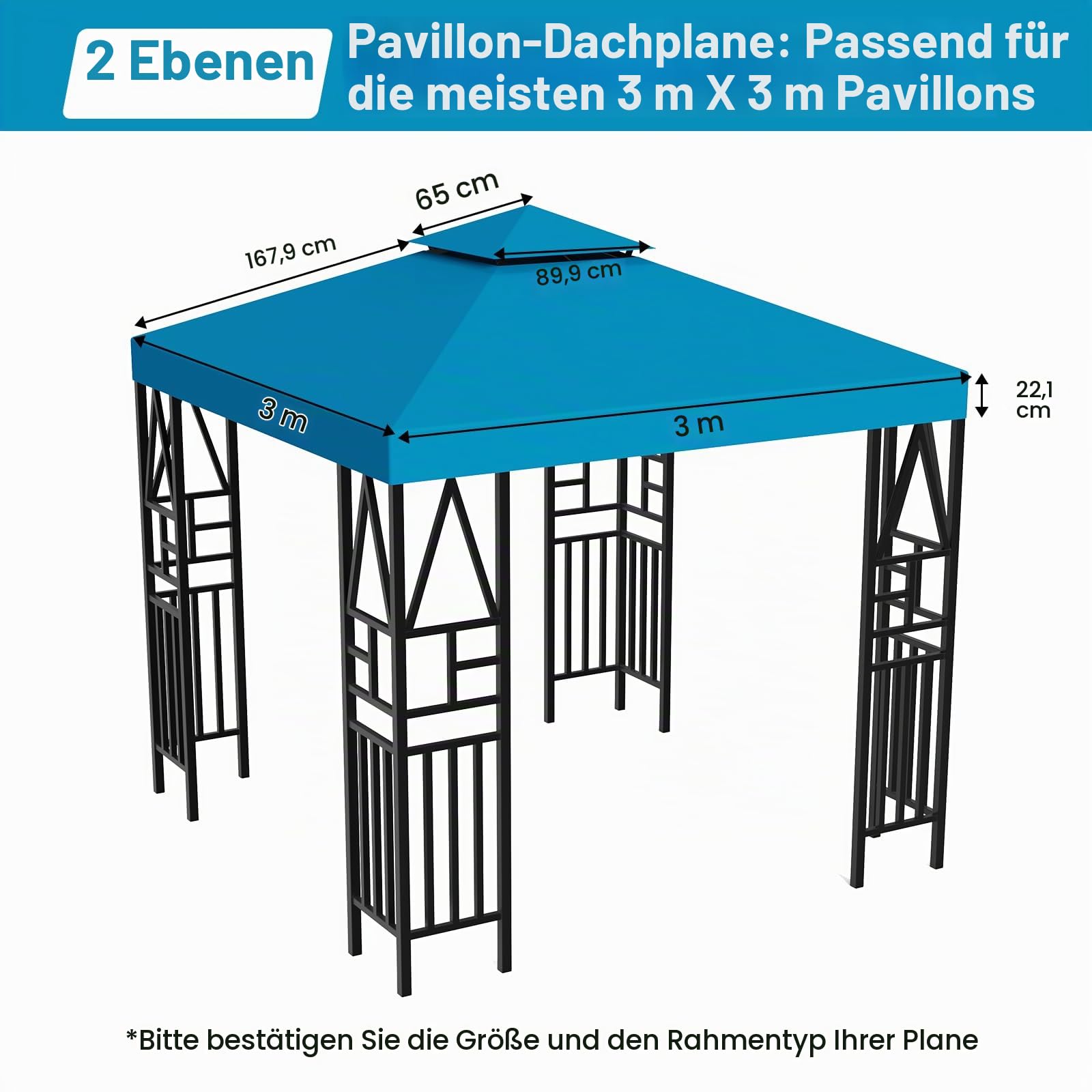 Pavillon Ersatzdach 3x3M Wasserdicht, UV-beständig, Doppellagig mit Belüftung, 12 Fest Integrierten Klettbändern, Hochdichtes Polyesterdach für Gartenpavillon, Grillpavillon oder Partyzelt (Blau)