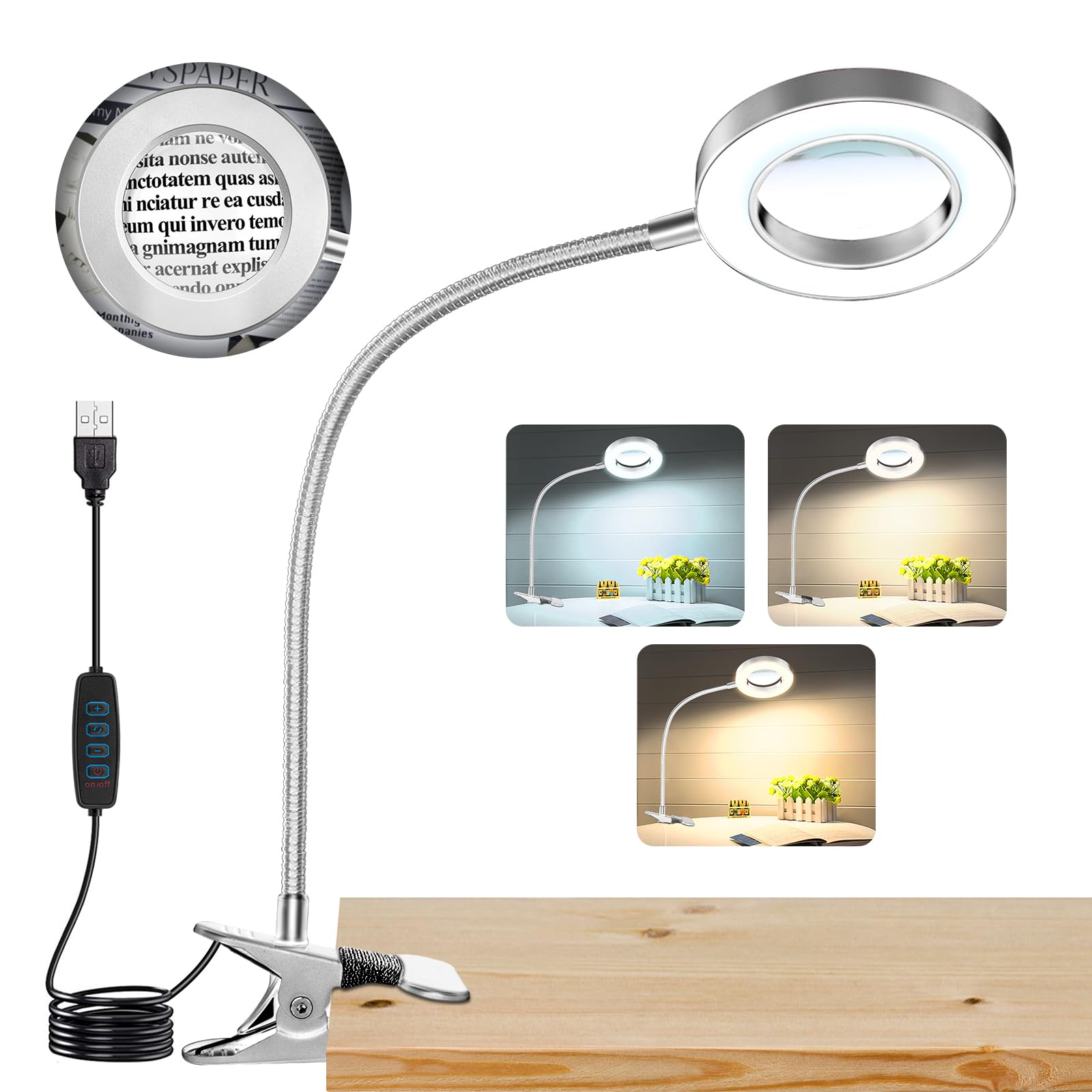 Photo 1 of 10X Magnifying Glass with Light, Clip on Mganifier with Light, 48 LED Desk Lmap Magnifying Glass wtih Clamp, 3 Modes Dimmable LED Lamps for Bed Work Crafts DIY Repair Gray