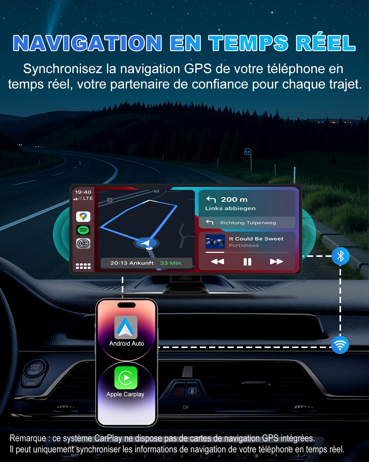 Carplay Voiture, 10.26" Autoradio Carplay pour Apple & Android avec HD 1080P Camera de Recul & Caméra Frontale, Navigation GPS, Son Premium, Commande Vocale, Allume-Cigare Double Port, Mirror Link