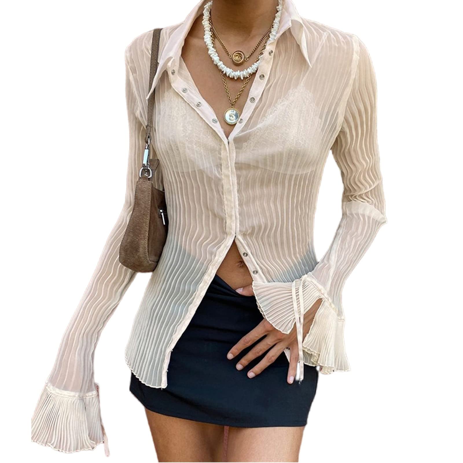 SMIMGOWomen's Sexy Button Down See Through Blouse Y2K Flare Sleeve Tie Up Shirt 90s E Girls Vintage Crop Top Clubwear