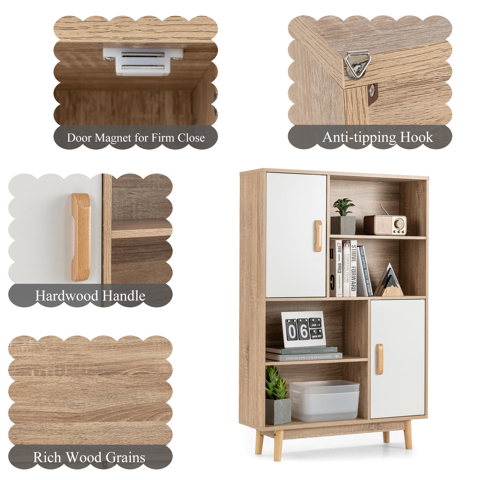 KOMFOTTEU Bibliothèque Bois, 2 Portes, 4 Étagères Ouvertes, Blanc + Naturel