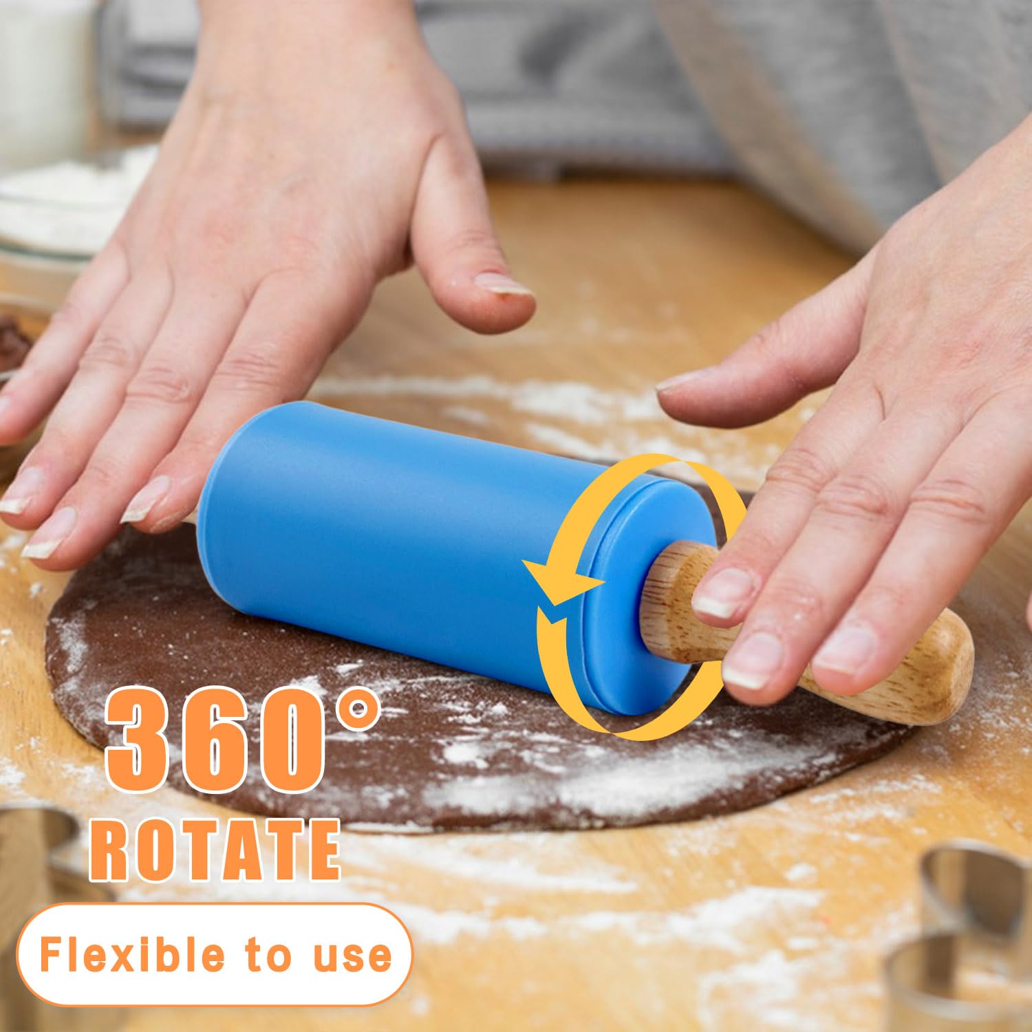 Mini mattarello in silicone da 22,9 cm, con manico in legno e silicone, piccolo rullo in gomma, utilizzato per impasto, pizza, pasticceria, cucina, attrezzature da forno, blu e rosso