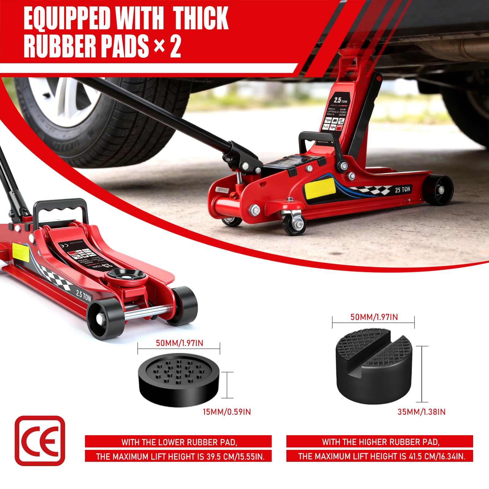 LARBANKE Gato hidráulico de perfil bajo de 2.5 toneladas, rango de elevación de 85-380 mm, gato hidráulico para coche con 2 almohadillas de goma, gato portátil para coche con asa de transporte y
