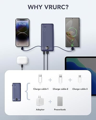 Miniatura 5 de VRURC Cargador portátil con cables y enchufe de pared, banco de energía con cables, cargador portátil de 10000 mAh con enchufe de CA, batería