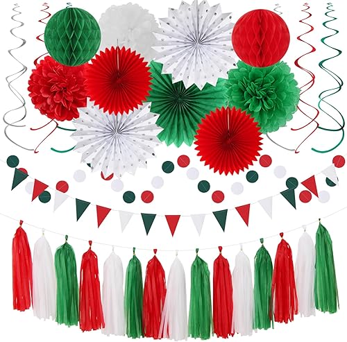 Decoraciones de fiesta de Navidad de color rojo verde y blanco, 33 piezas, guirnalda de borlas de serpentinas de México, Italia, panal, abanicos de