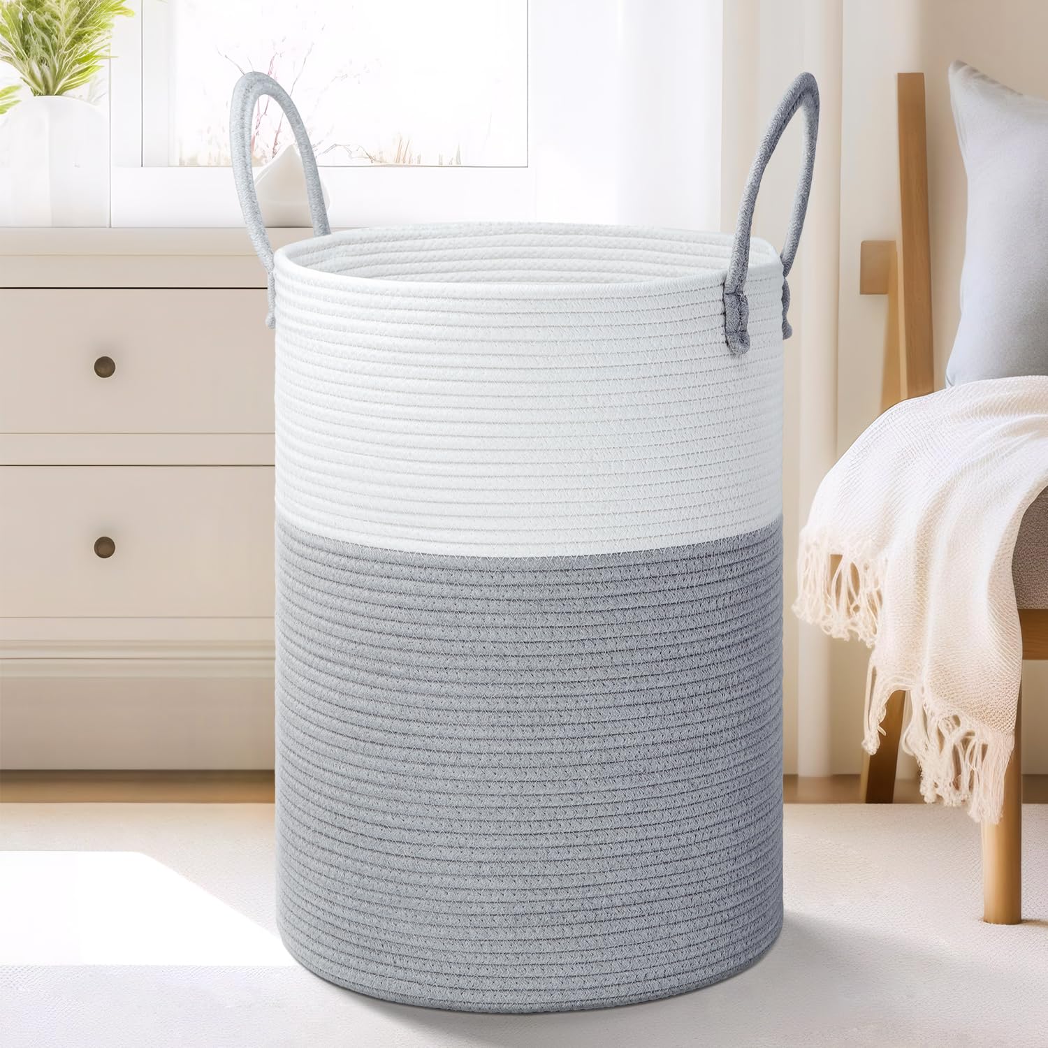 Laundry Basket,Woven Cotton Rope Laundry Hamper,60L for Decorative Storage of Dirty Clothes,Toys and Blankets in Bathroom,Baby Room and Living Room