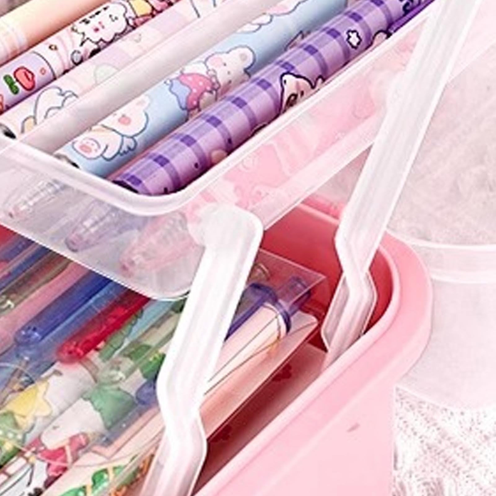 Stationary Organizer Box, Handled Storage Box Pink, Portable Stationary Tool Organizer, Multi-Layer Clear Organizer Box, Medicine Storage Box With Handle, Compact School Supply Organizer Box
