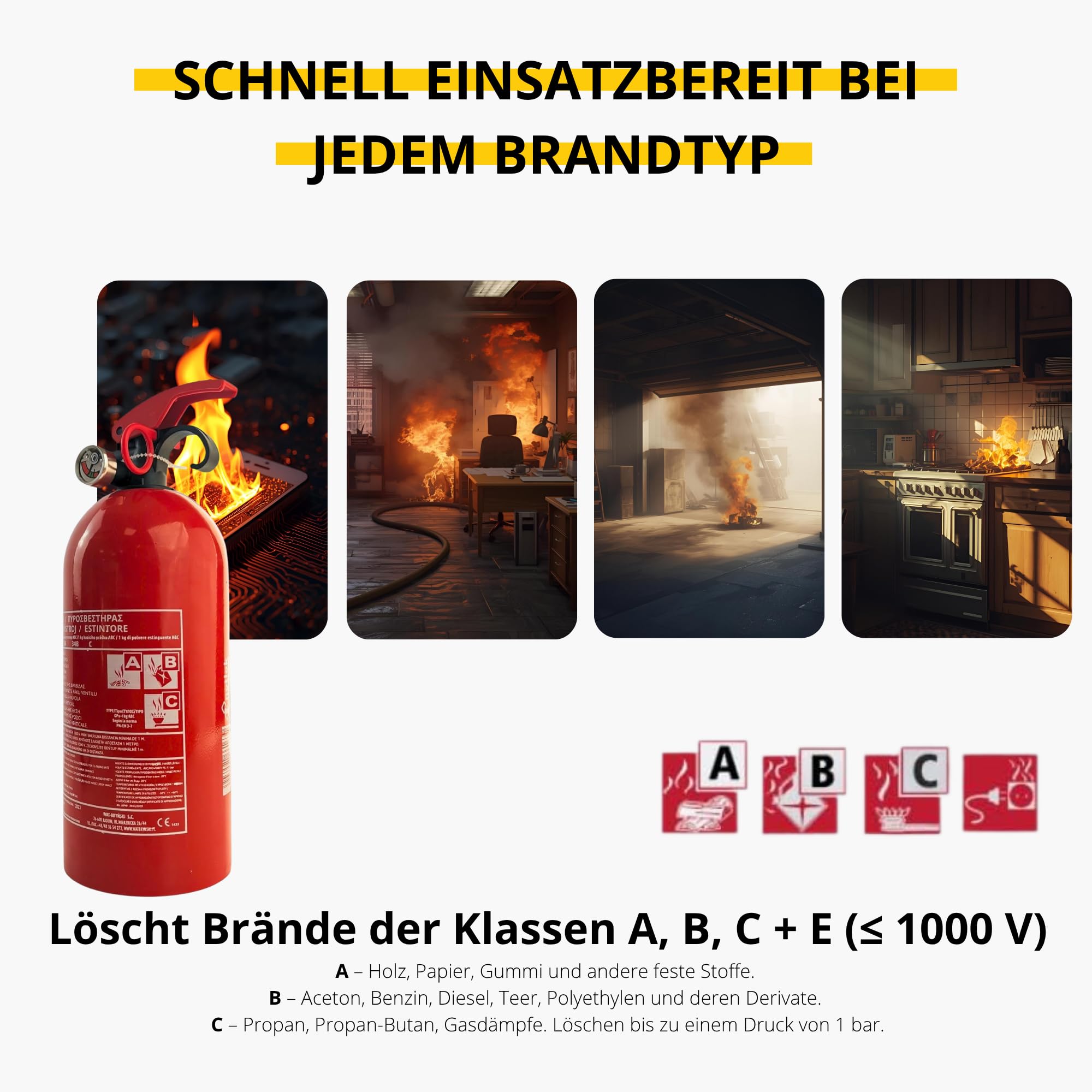 1kg Pulver Feuerlöscher ABC + elektrische Geräte < 1000 V | 3 Jahre Garantie | Mini Dauerdruck Feuerlöscher Haushalt ideal für Küche Aber auch für Auto | + Feuerlöscher Halterung