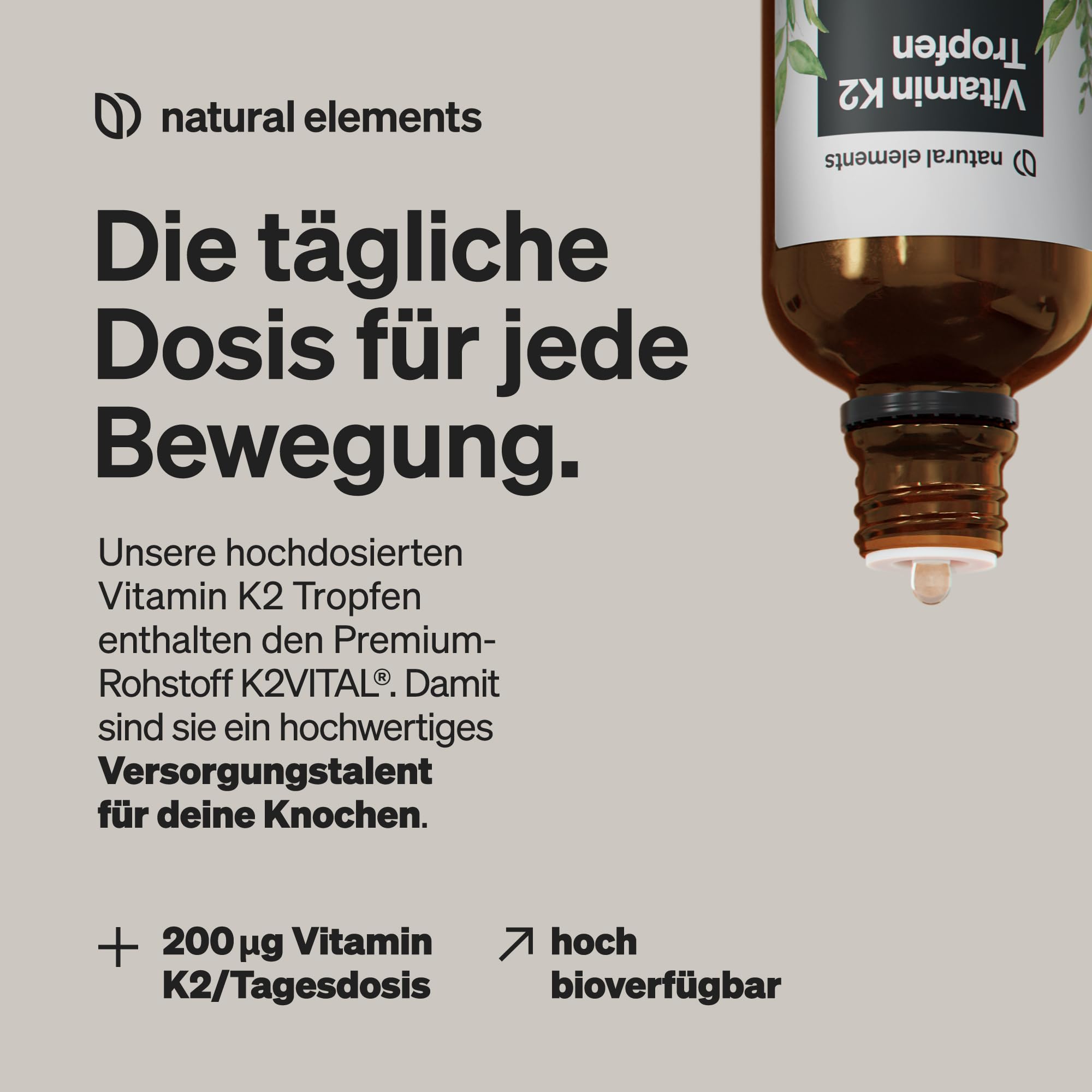 natural elements Vitamin K2 MK-7 200µg – 50 ml – all-Trans Gehalt >99,7% – laborgeprüft, vegan, hochdosiert & in Deutschland produziert