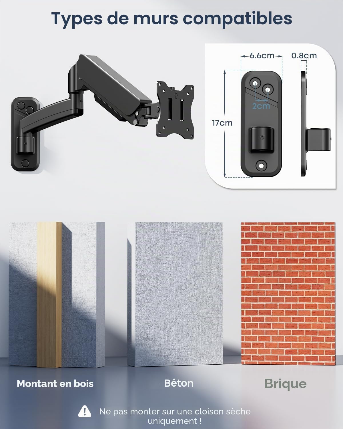 WORLDLIFT Support Mural Moniteur PC 17-32" Bras Ergonomique Réglable 9 kg VESA 75x100 mm