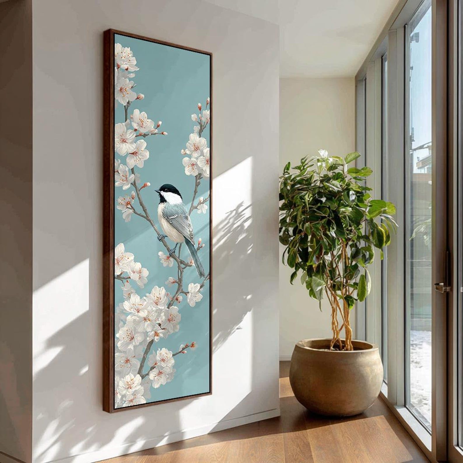 XINBAO Nature Art,Long Narrow Animals Canvas Wall Art ，Contemporary Bird, Botanical Print with Neutral Colors,Vertical Painting(65x195cm/Frameless)