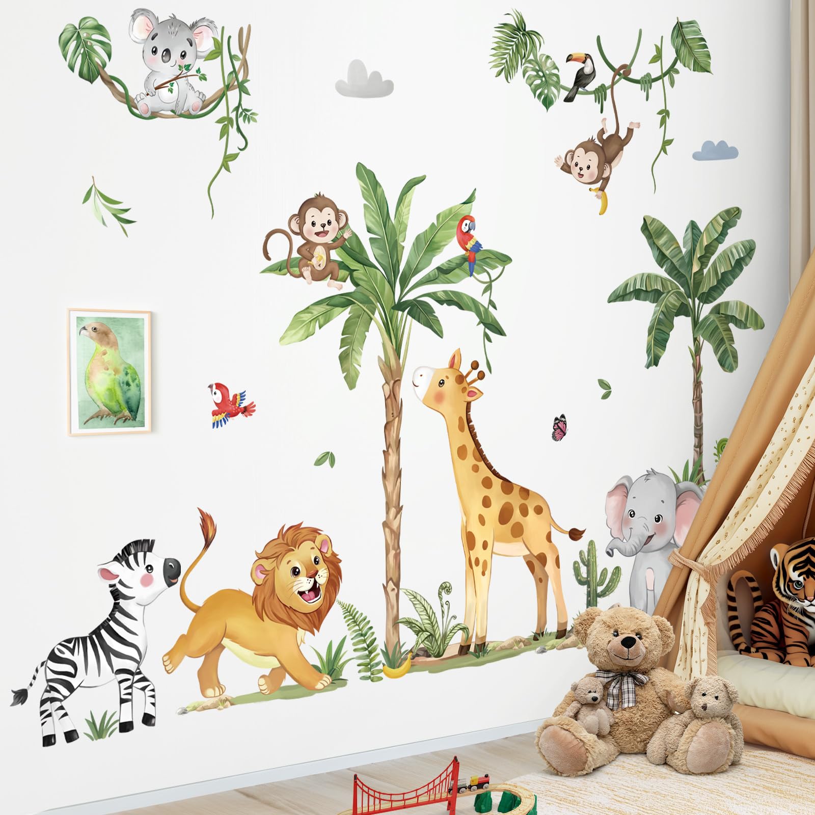 Eutecado Jungle Animals Wall Decals - Elephant, Lion, Tiger, Giraffe Stickers For Kids Room & Nursery