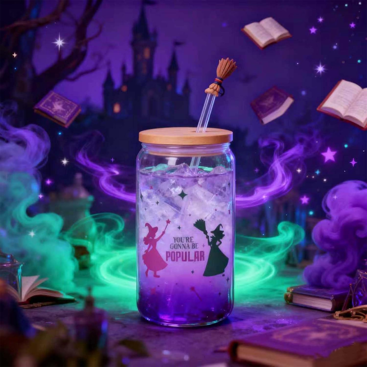 2 Pcs 16 Oz Color Changing Vinyl Design Witch Party Glass Cup Gift Pink Green Halloween Princess and Witch Water Glass Can with Bamboo Lid and Straw For Ice Coffee Tea Beer Water Tumblers - Image 3