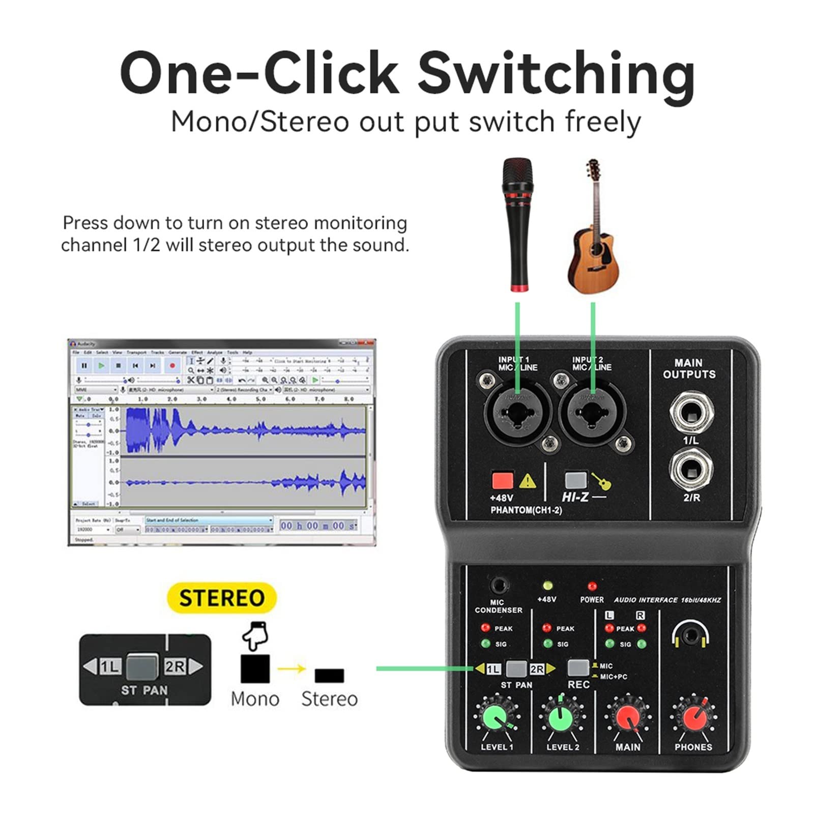 Tarjeta de Sonido de Interfaz con Consola mezcladora de Monitor for grabación de Estudio, Ordenador de Canto, PC, alimentación Fantasma de 48V