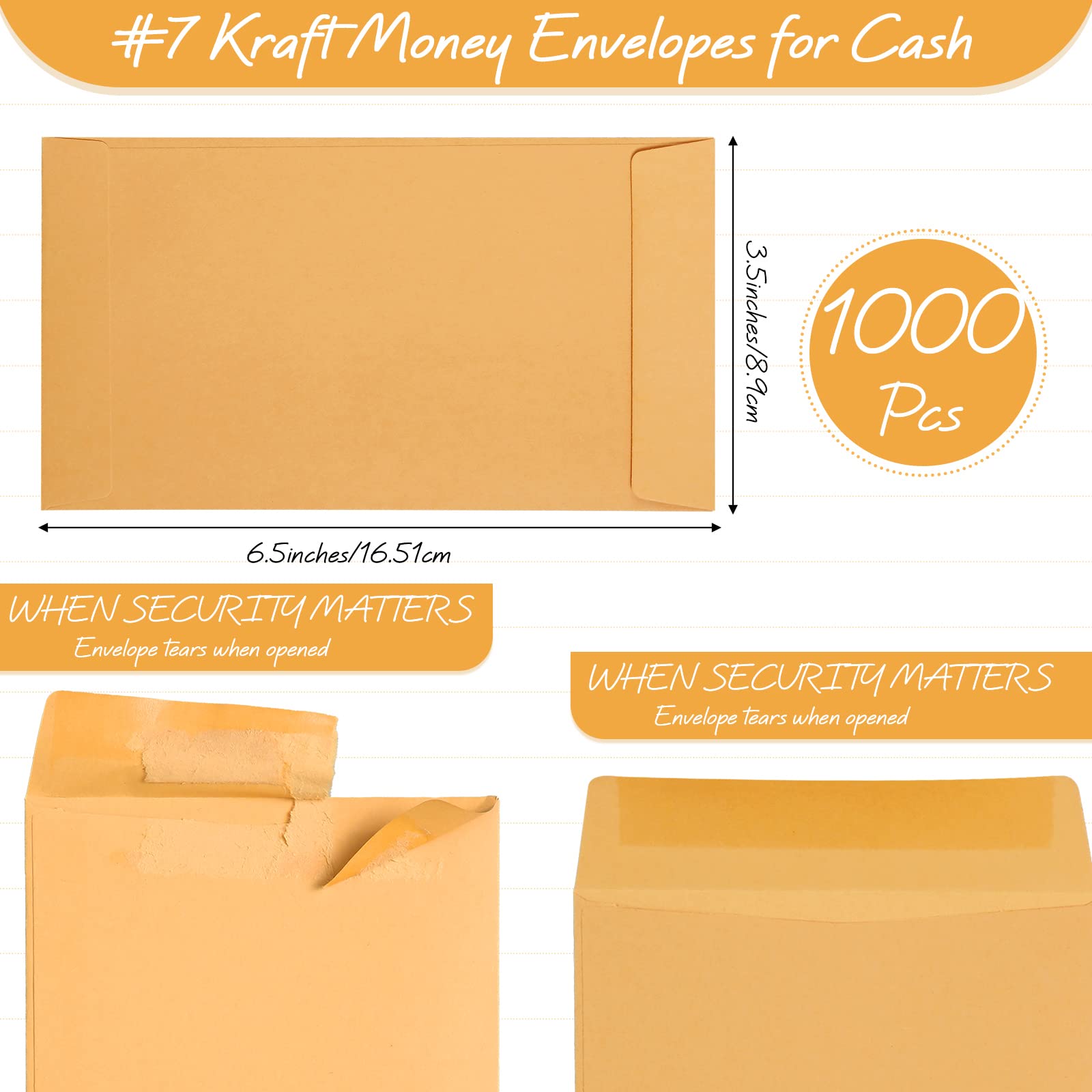 Taobary Lot de 1000 enveloppes autocollantes #7 pour pièces de monnaie - Enveloppes gommées pour sceller les graines - 8,9 x 16,5 cm - 12,7 kg - Pour pièces de monnaie, reçus (kraft)