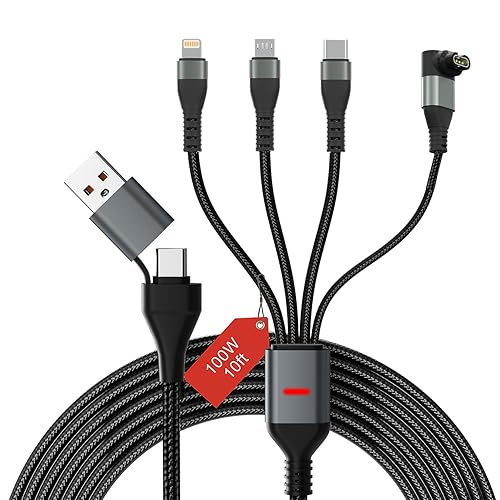 Cable de carga múltiple de 100 W para Garmin Watch, cable de carga rápida USB múltiple de 10 pies con USB-C (100 W), Lightning, Micro-USB y cargador