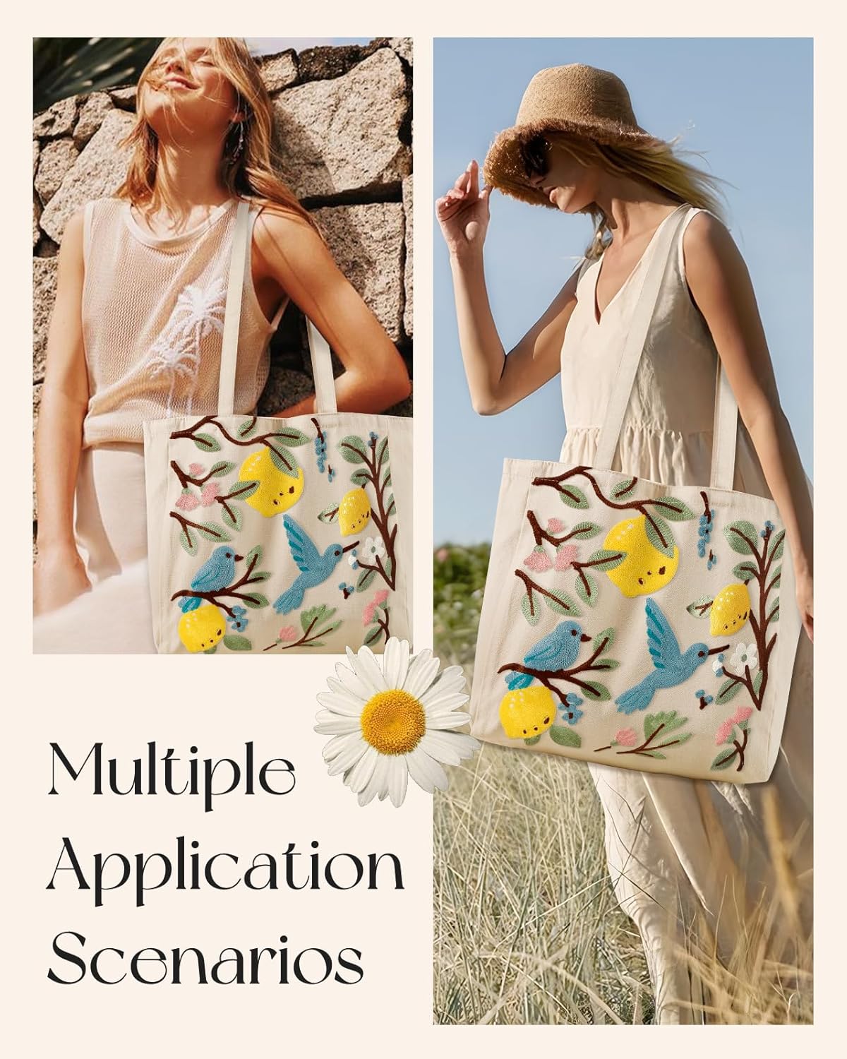 Embroidery Canvas Tote Bag for Women - Reusable Tote with Buckle Aesthetic Cute Shoulder Bag for Shopping, Grocery - Image 6